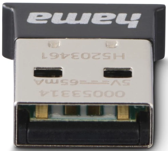 Ein schwarzer Hama USB-Dongle mit silbernem Anschluss und Beschriftung.