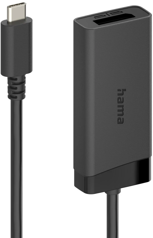 Schwarzer USB-C-Adapter mit Kabel und Logo.
