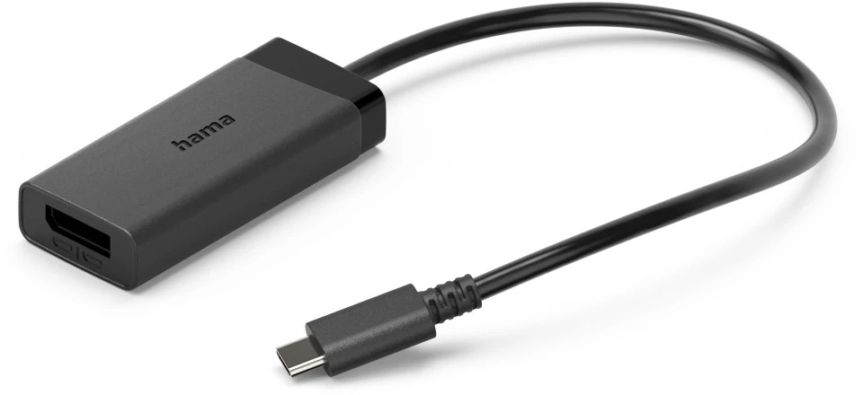 Ein schwarzer Hama USB-C zu HDMI Adapter mit einem Kabel.