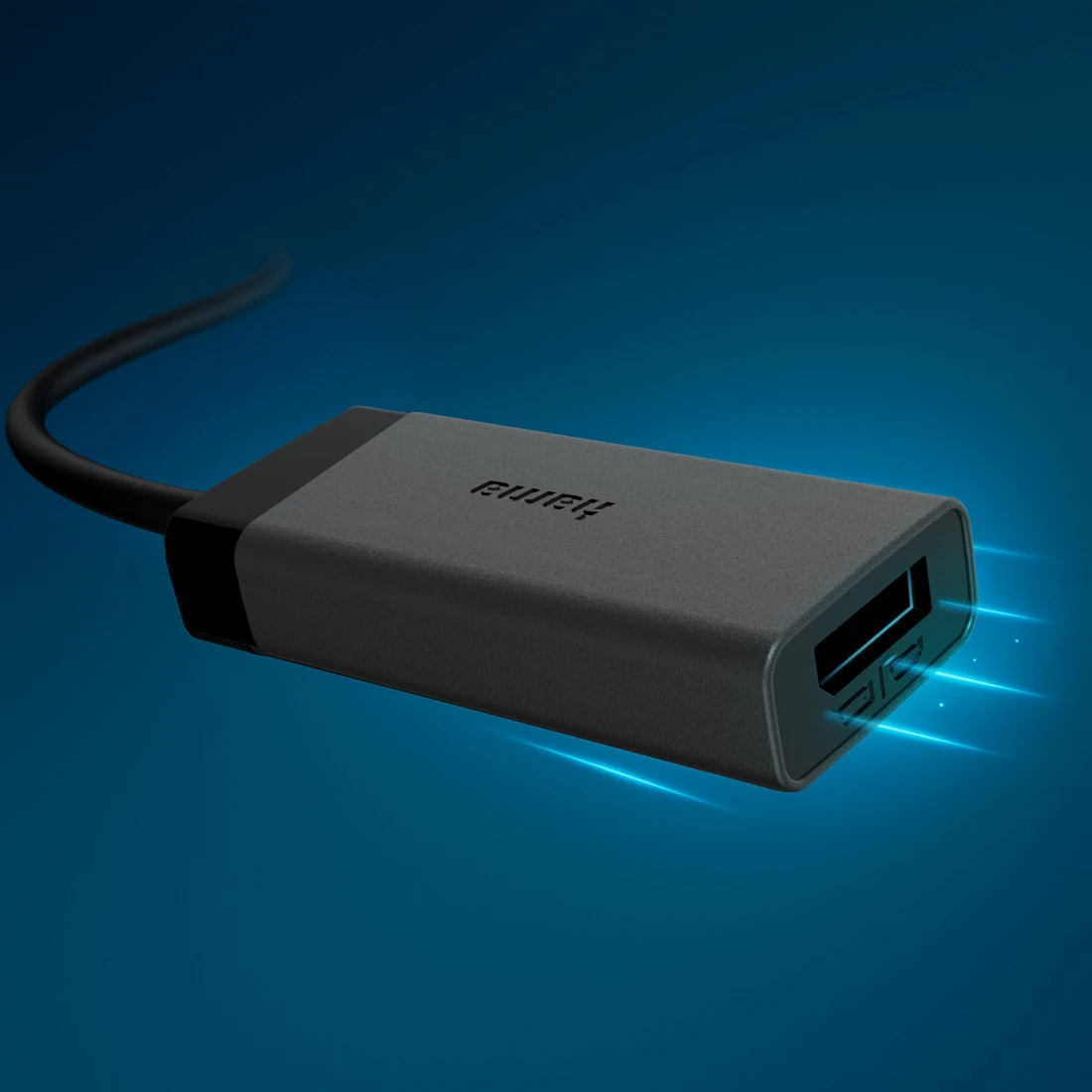 Grauer USB-Adapter mit Kabel und leuchtenden blauen Linien.
