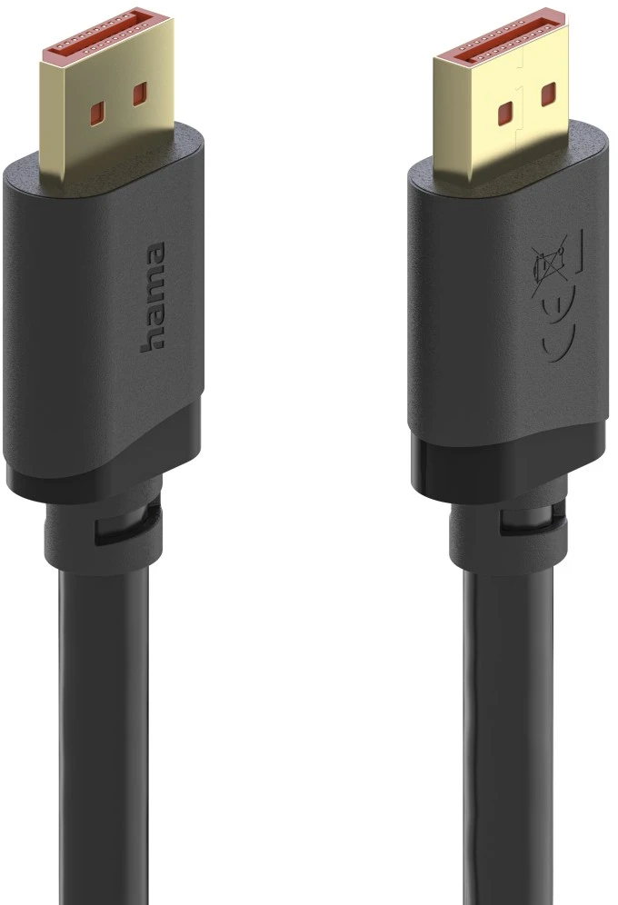 Zwei schwarze DisplayPort-Kabelanschlüsse mit goldenen Kontakten.