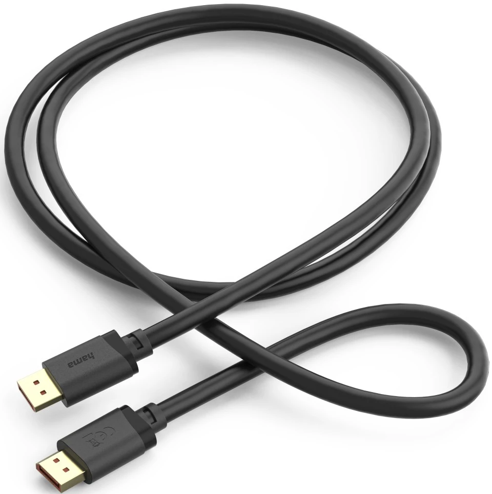 Ein schwarzes HDMI-Kabel mit goldenen Anschlüssen, auf weißem Hintergrund.