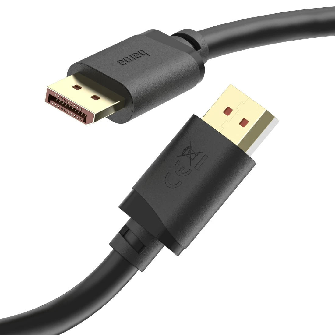 Zwei schwarze DisplayPort-Kabel mit goldenen Steckern auf weißem Grund.
