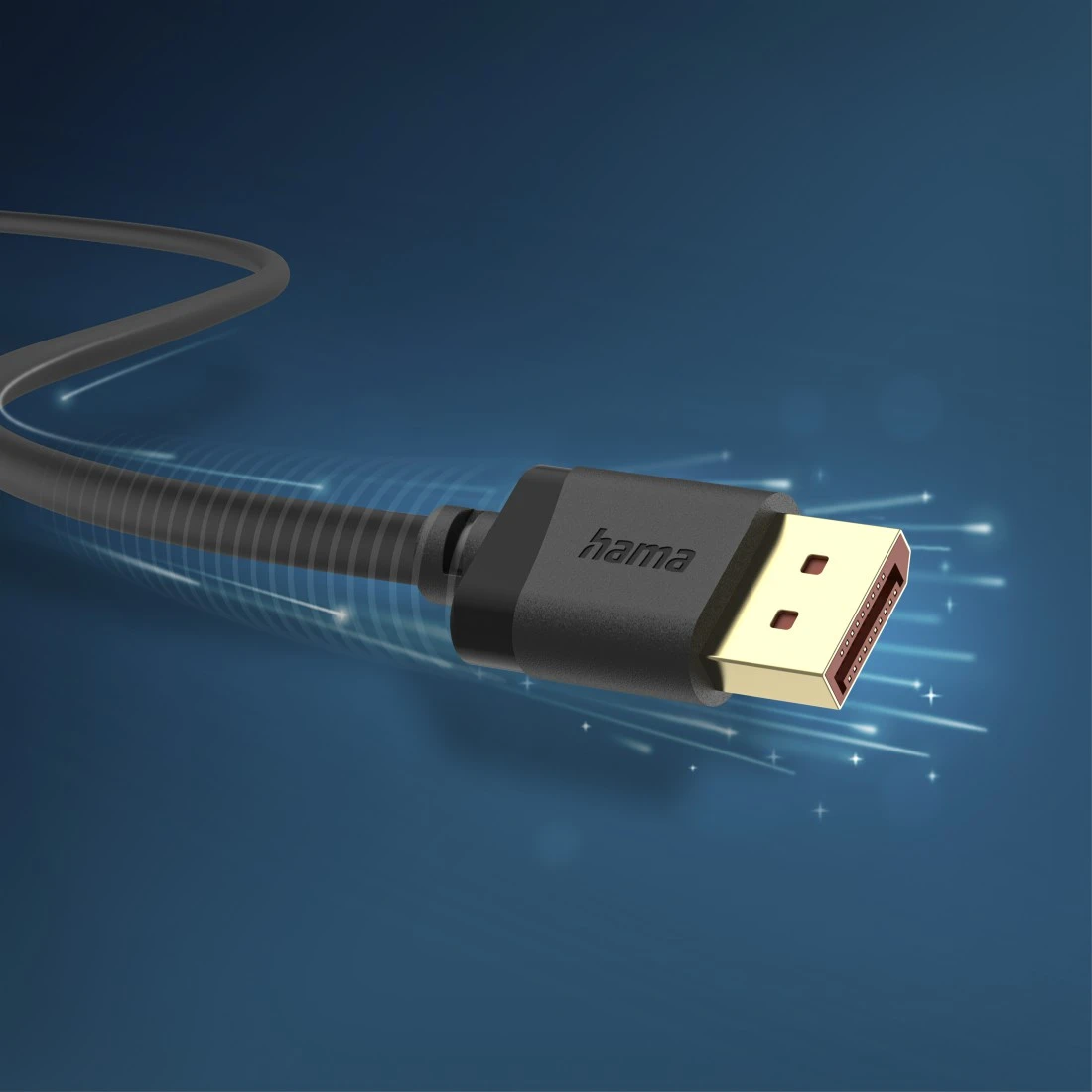 Un câble DisplayPort Hama noir avec connecteur plaqué or sur fond bleu.