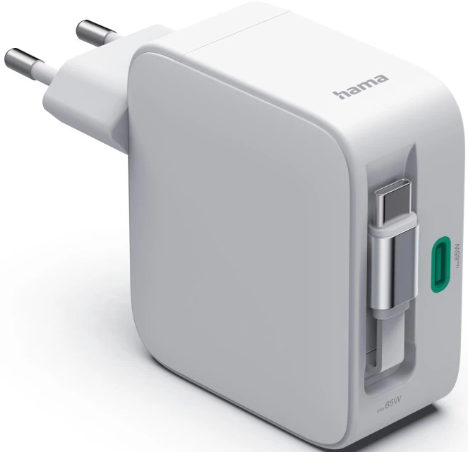 Ein weißer Hama-Adapter mit USB-C-Anschluss und zwei Stiften.