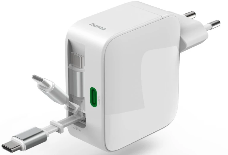 Ein weißer Hama USB-C PD-Schnellladegerät mit zwei Kabeln.
