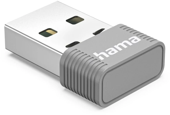 Un dongle USB grigio con impugnatura scanalata e logo Hama.