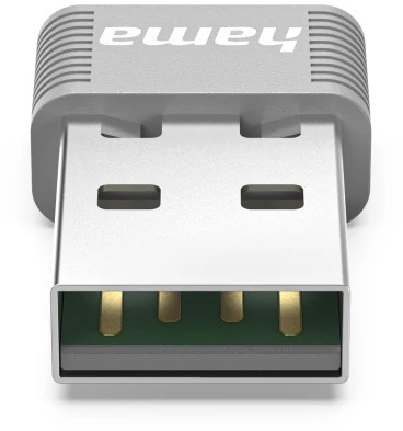 Adattatore USB argentato con parte superiore scanalata e contatti visibili.