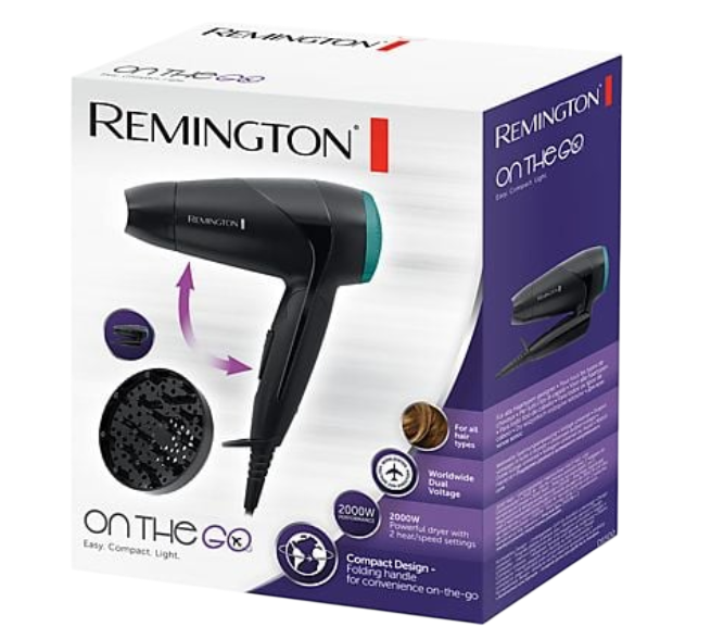 Difüzörlü ve özellikli siyah Remington saç kurutma makinesi kutusu.