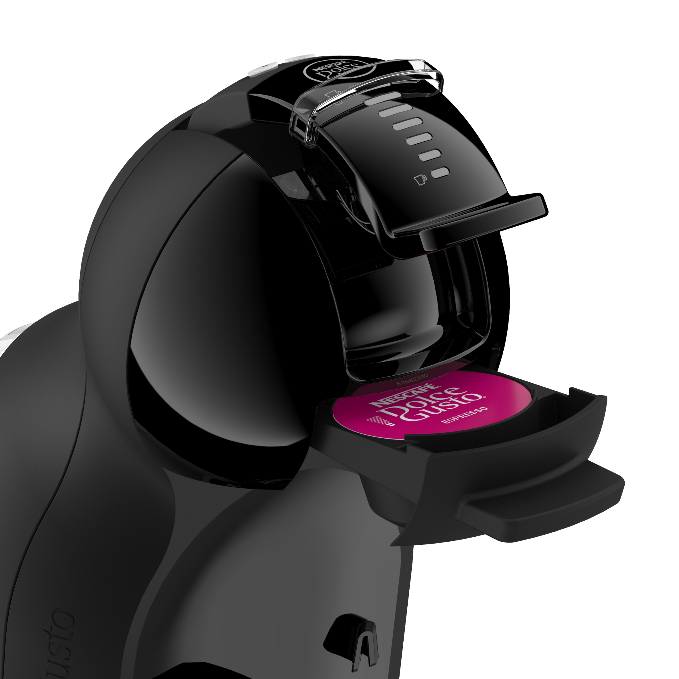 Fekete kávéfőző rózsaszín Dolce Gusto kapszulával.