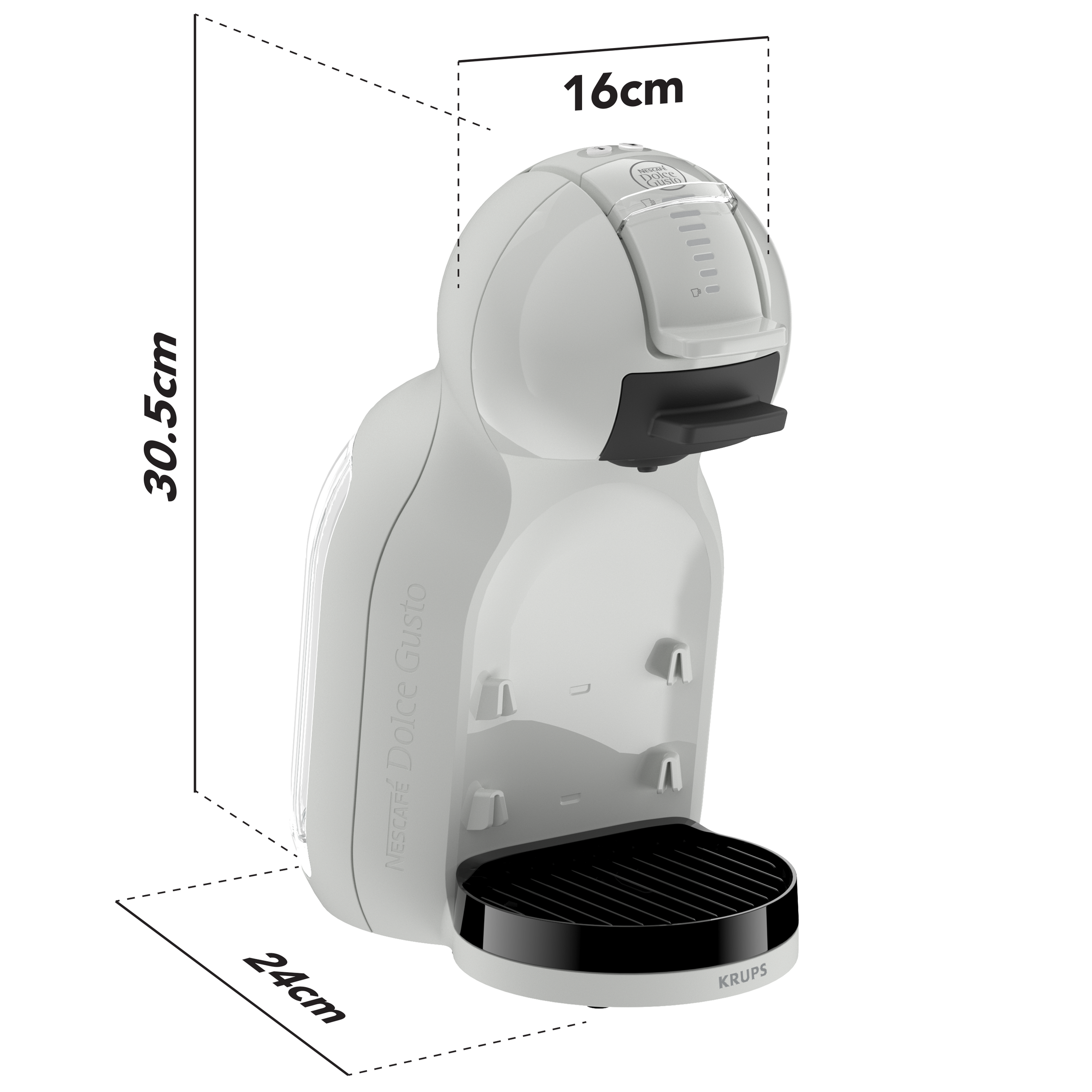Egy fehér Nespresso kávéfőző méretekkel: 16cm, 30.5cm, 24cm.