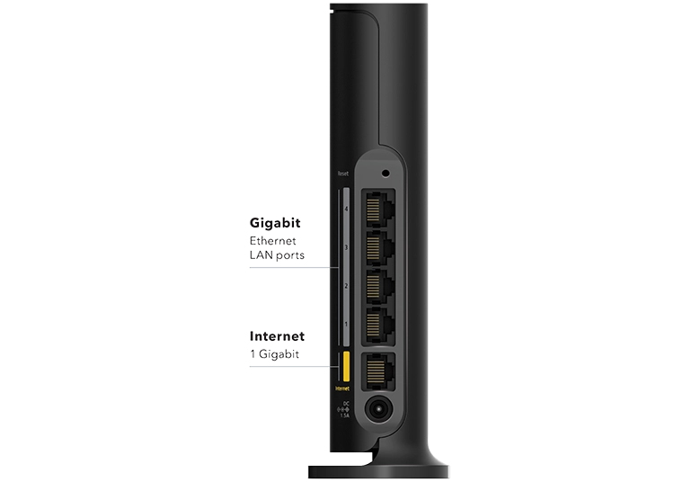 Schwarzer Router mit 4 Gigabit Ethernet LAN-Ports und 1 Gigabit Internet-Port.