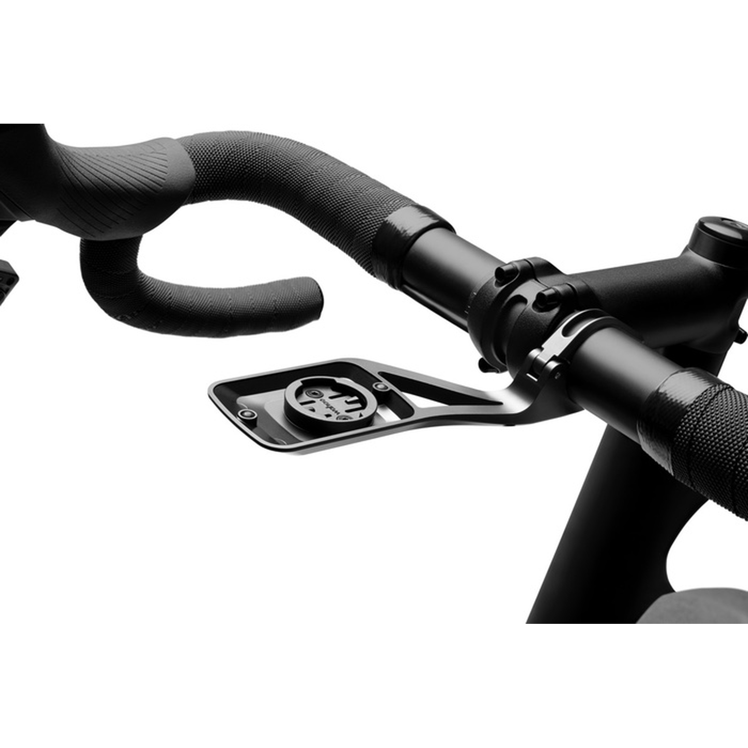 Zwart fietsstuur met computerhouder en stuurlint.