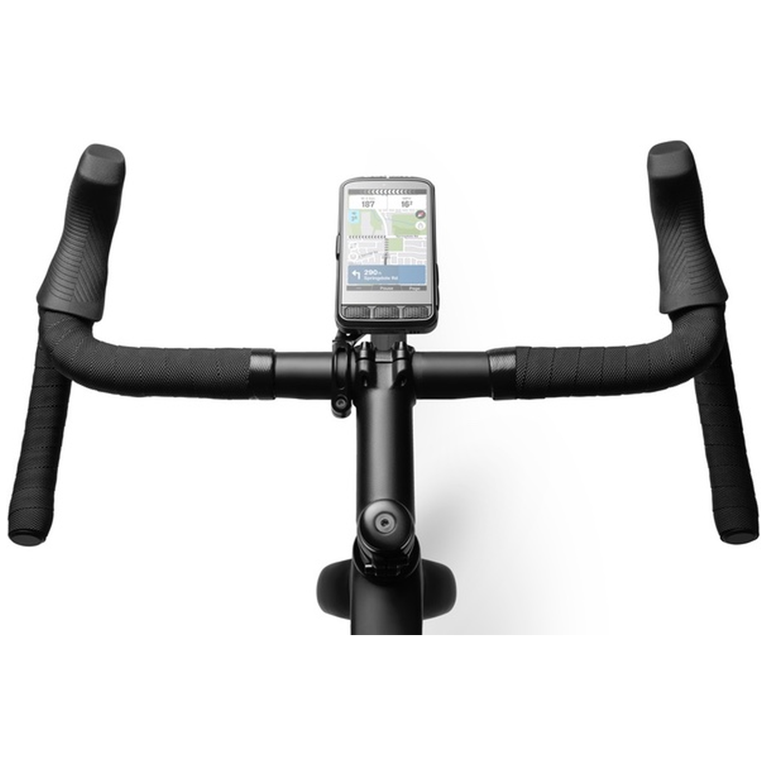 Zwart fietsstuur met telefoonhouder waarop navigatie-app wordt weergegeven.