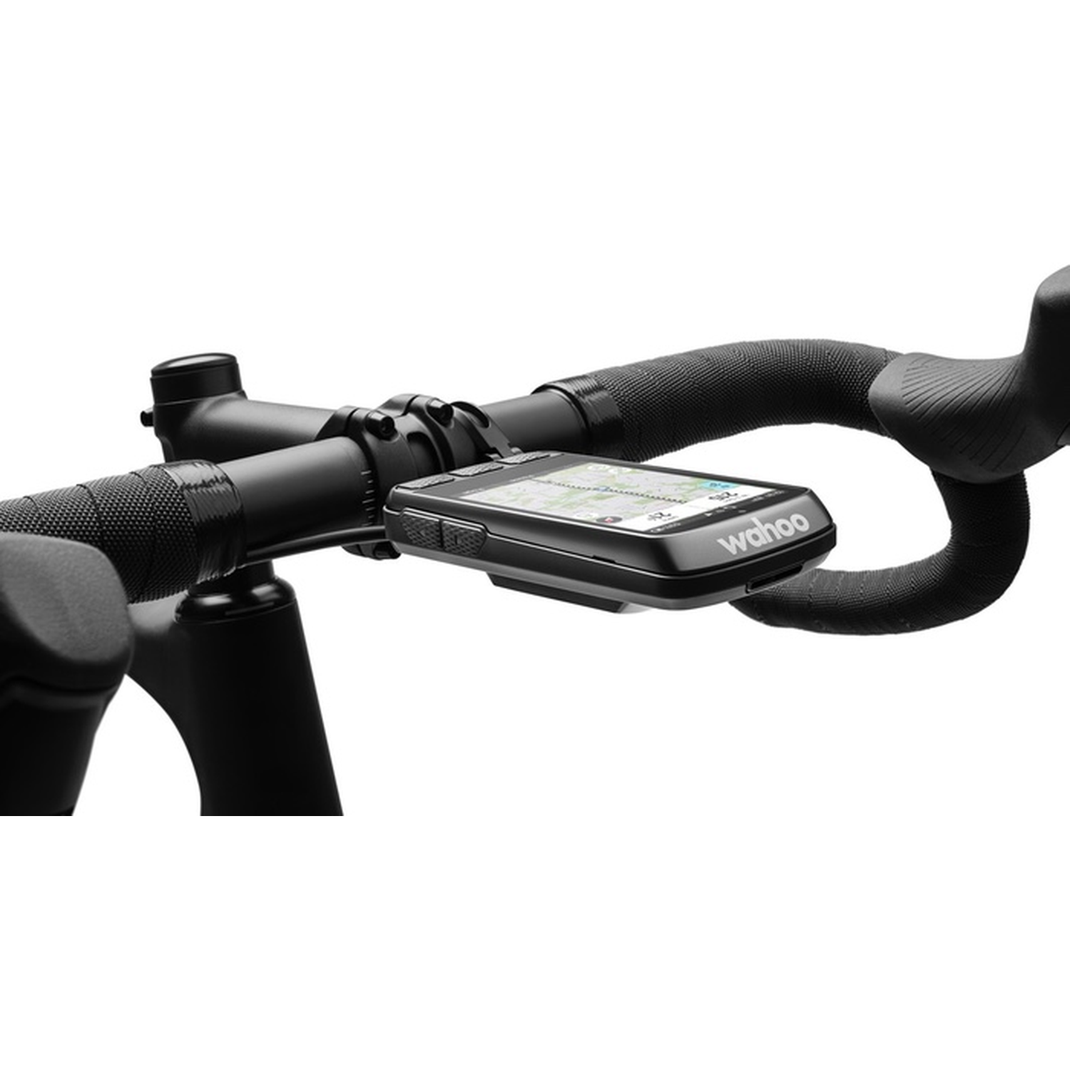 Een Wahoo fietscomputer is gemonteerd op een zwart stuur.