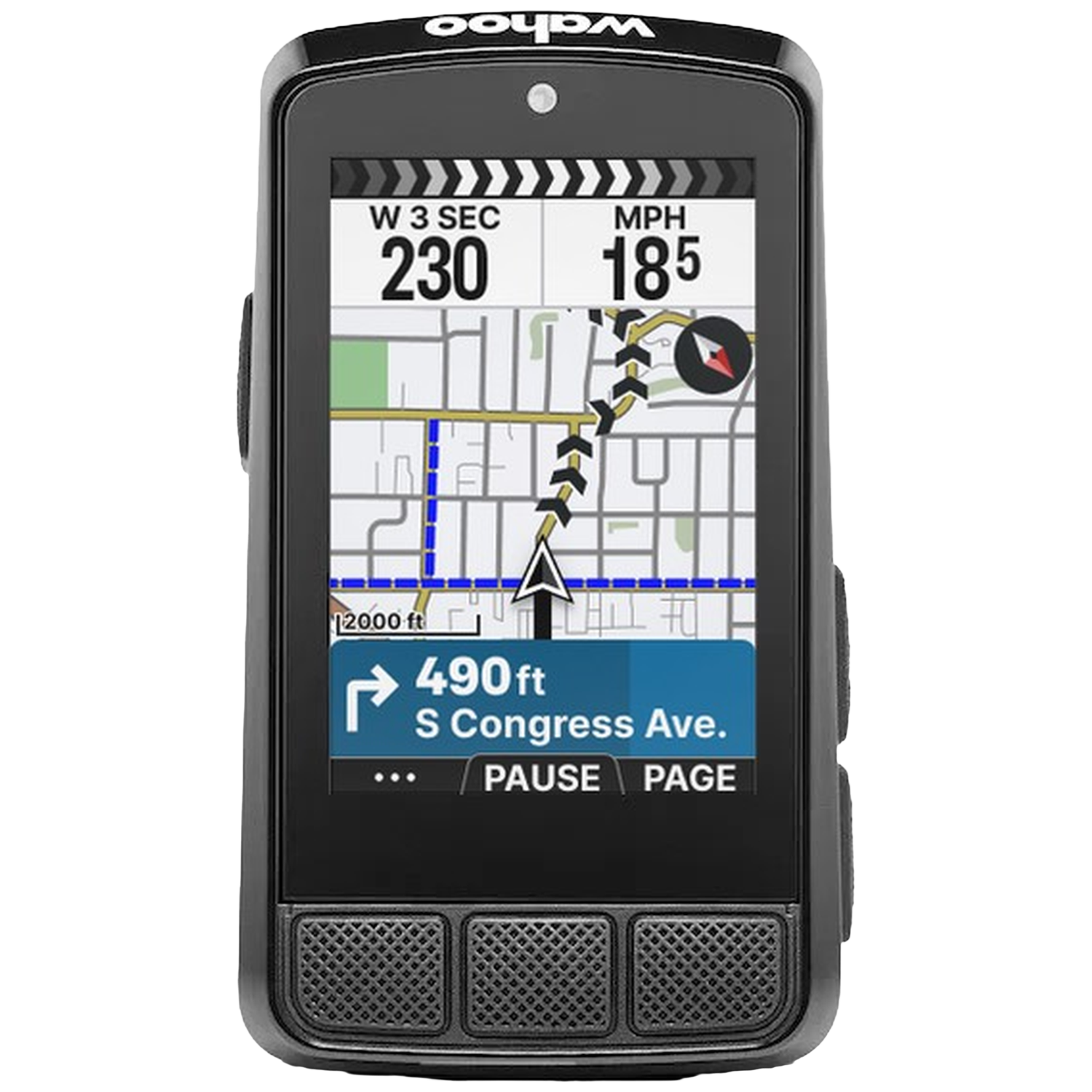 Een zwart GPS-apparaat toont een kaart, snelheid en afslaginstructies.