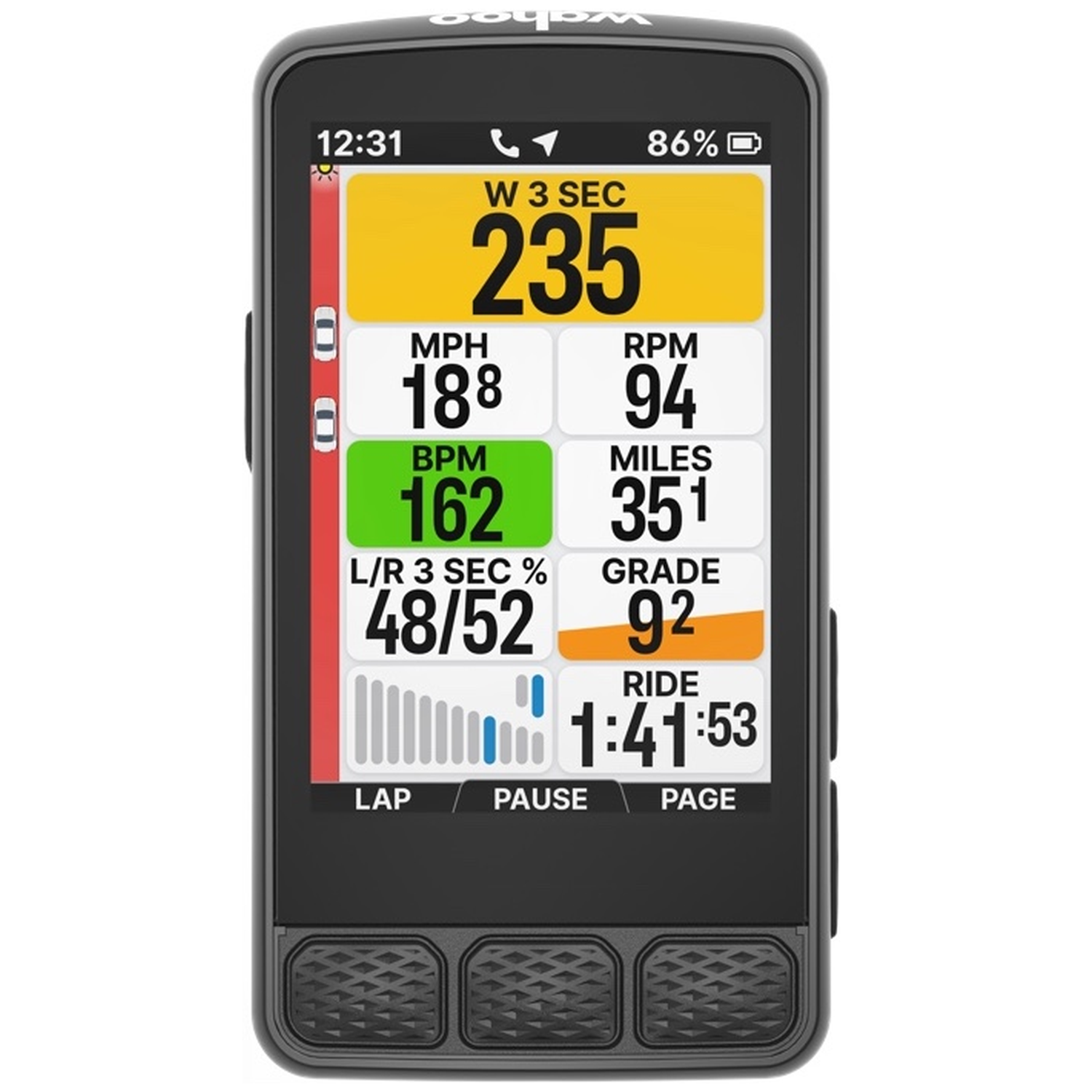Een fietscomputer toont 235W, 18,8 MPH, 94 RPM, 162 BPM, 351 mijl, 9,2% helling.