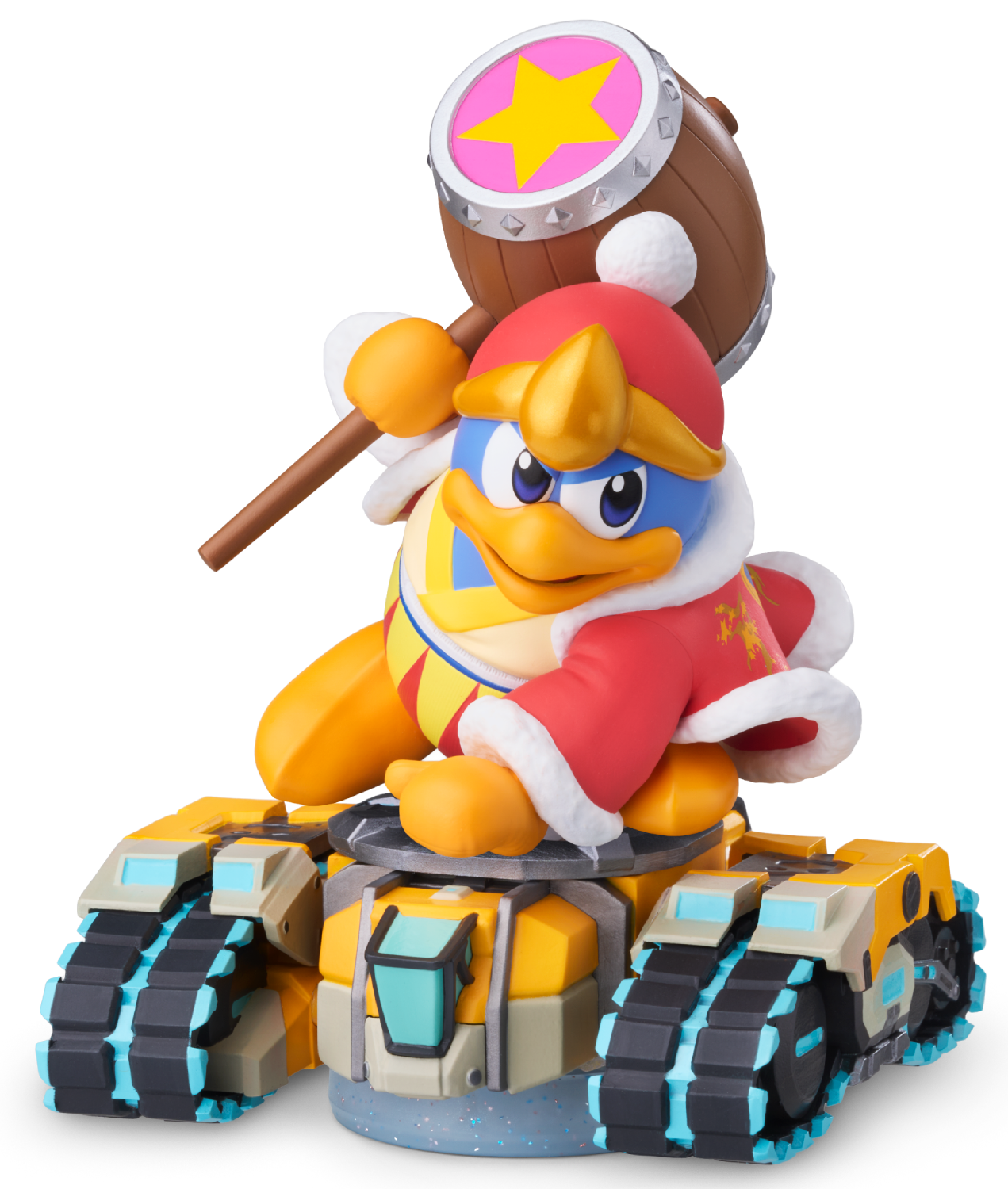 Una figura del Rey Dedede en un tanque amarillo sosteniendo un mazo de madera.
