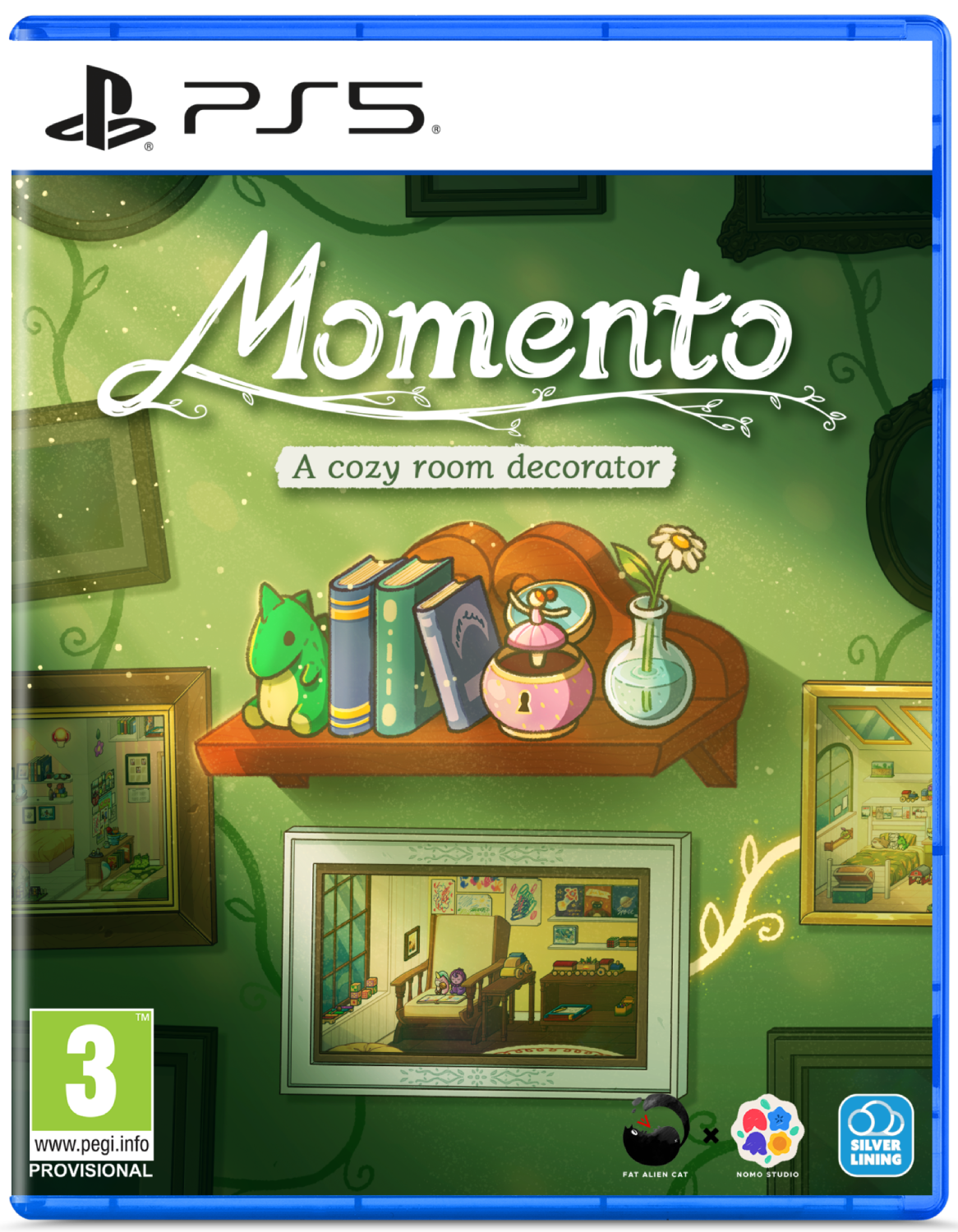 Portada de juego PS5 'Momento': Decorador de habitaciones acogedor con cuadros.