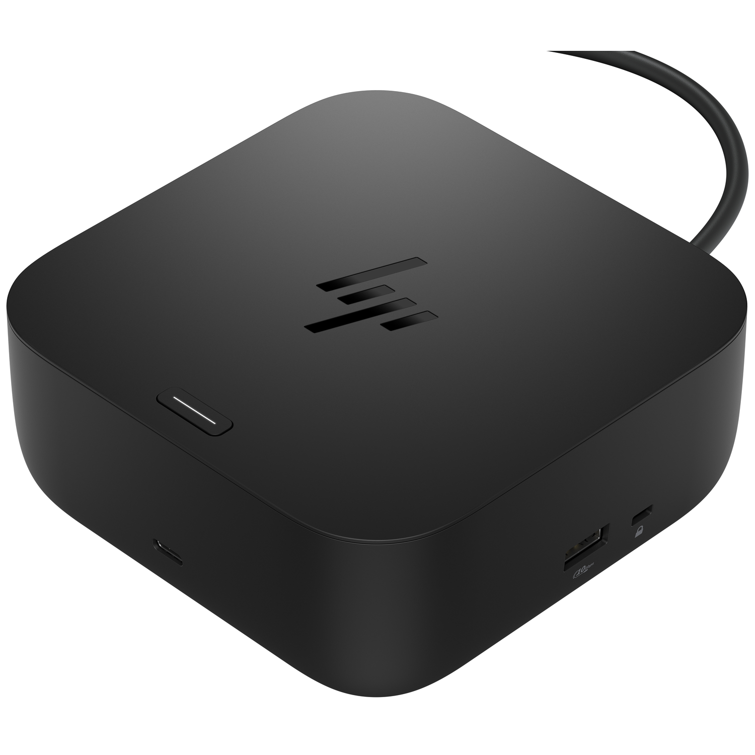A black HP docking hub with ports and a connected cable.