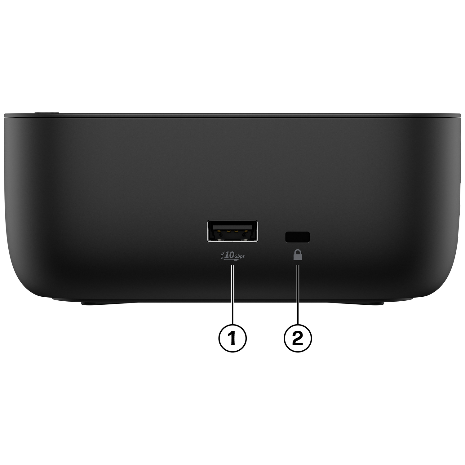 Black device with USB port (1) and lock icon (2).