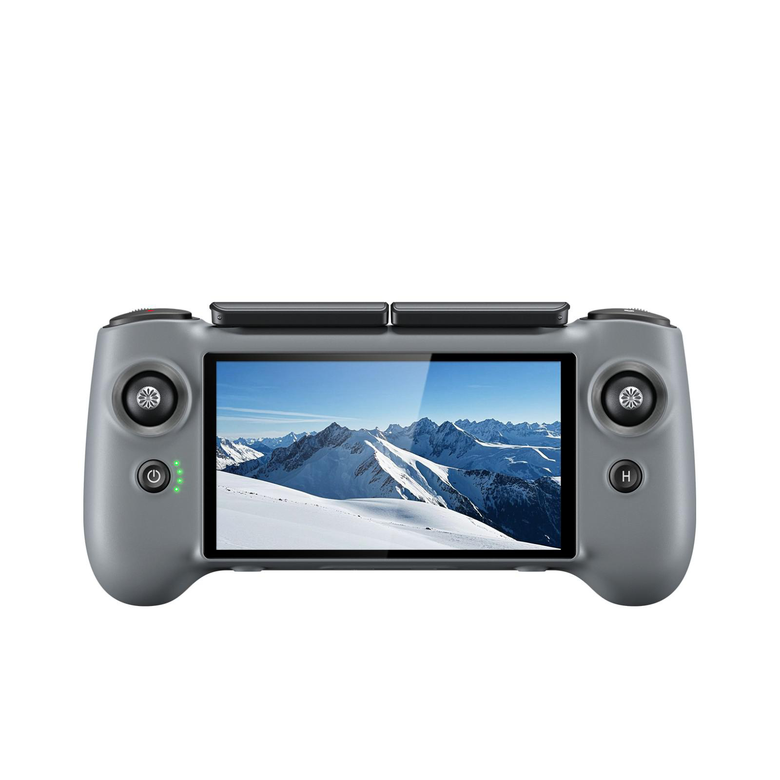 Grauer Controller mit Bildschirm, der schneebedeckte Berge zeigt.