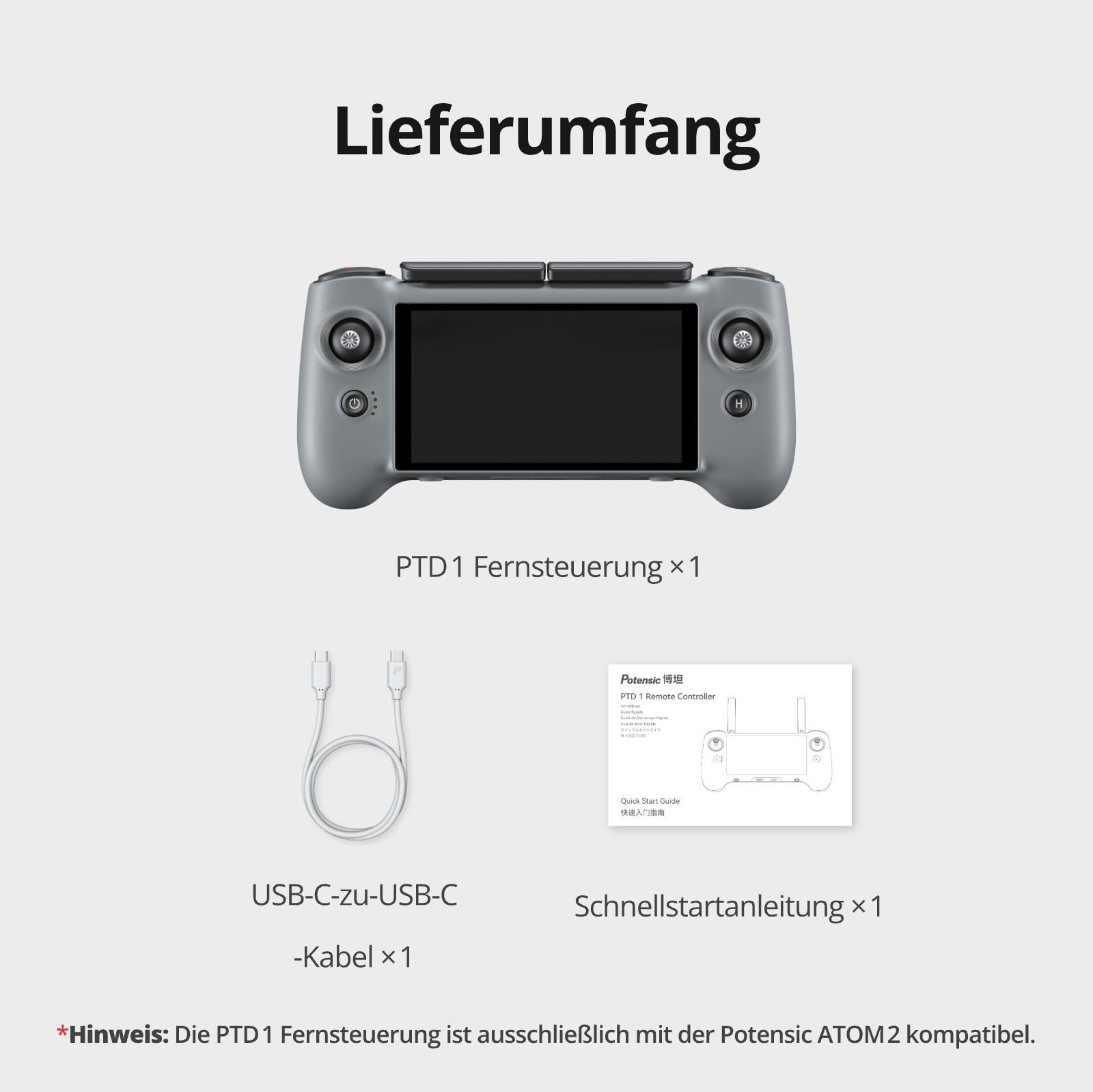 Lieferumfang: PTD 1 Fernsteuerung, USB-C Kabel, Schnellstartanleitung.
