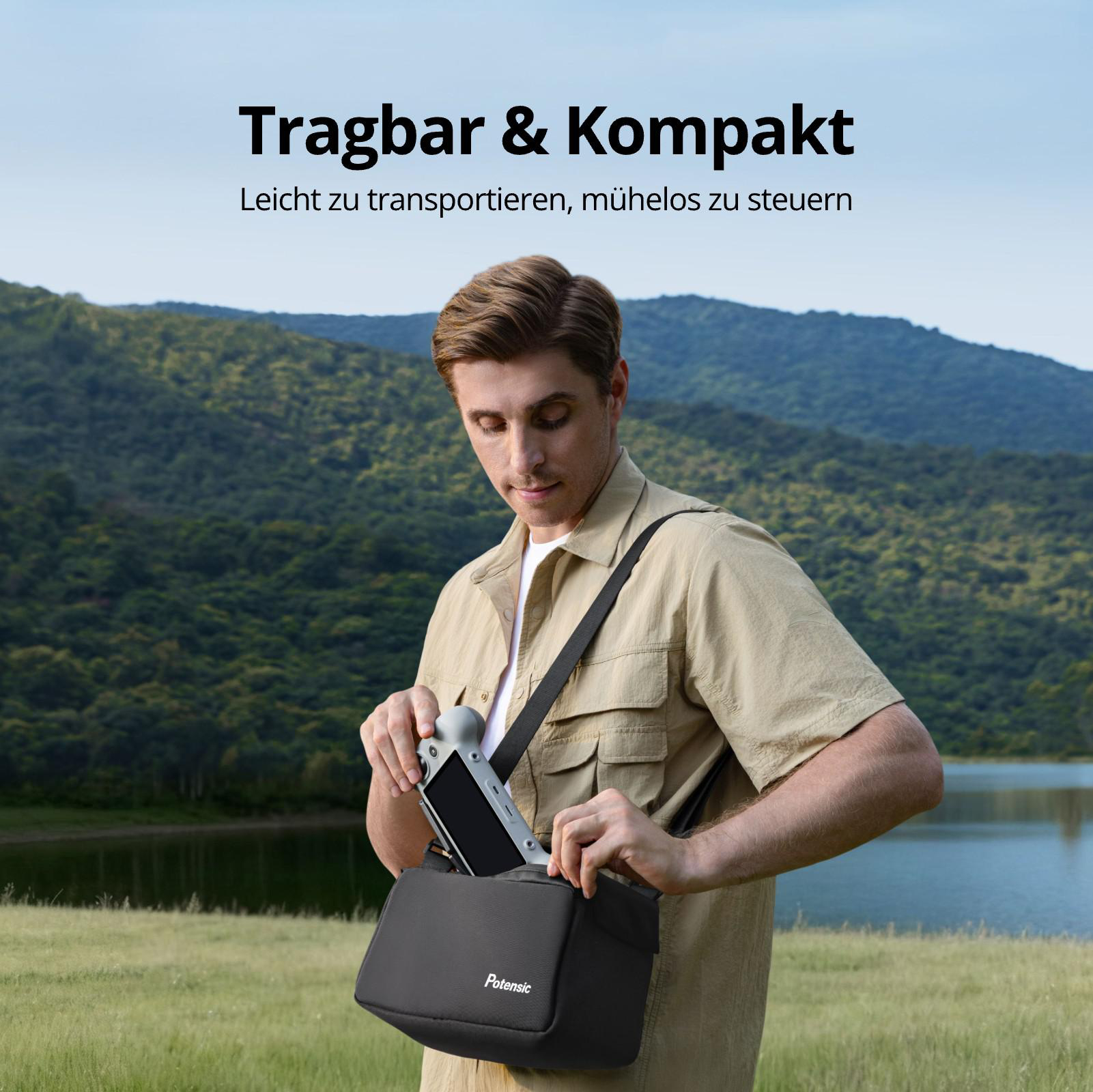 Mann packt Drohnensteuerung in Tasche, Wald und See im Hintergrund.