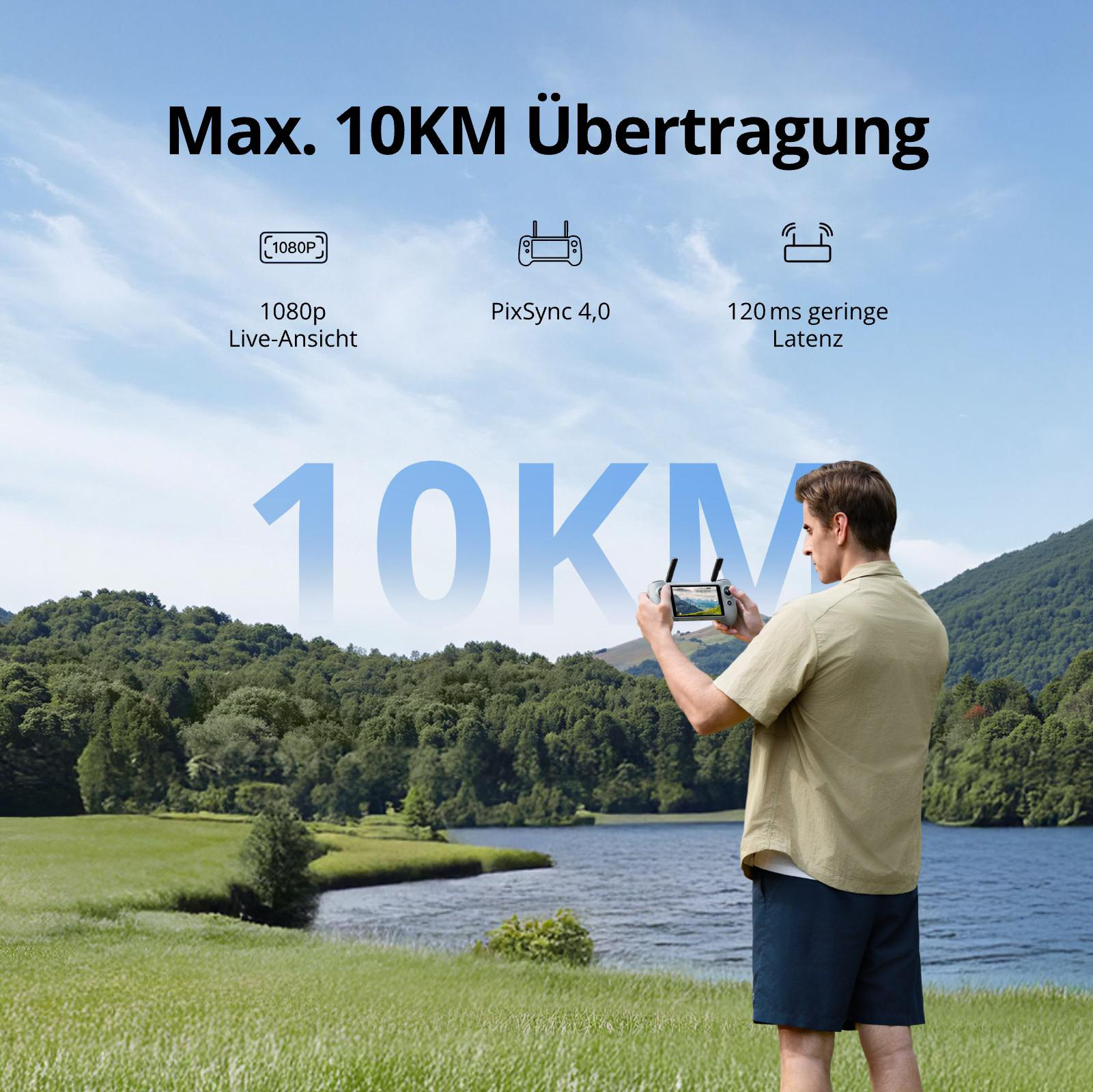 Mann mit Fernbedienung in Natur, 10 km Übertragung, 1080p, PixSync 4.0.
