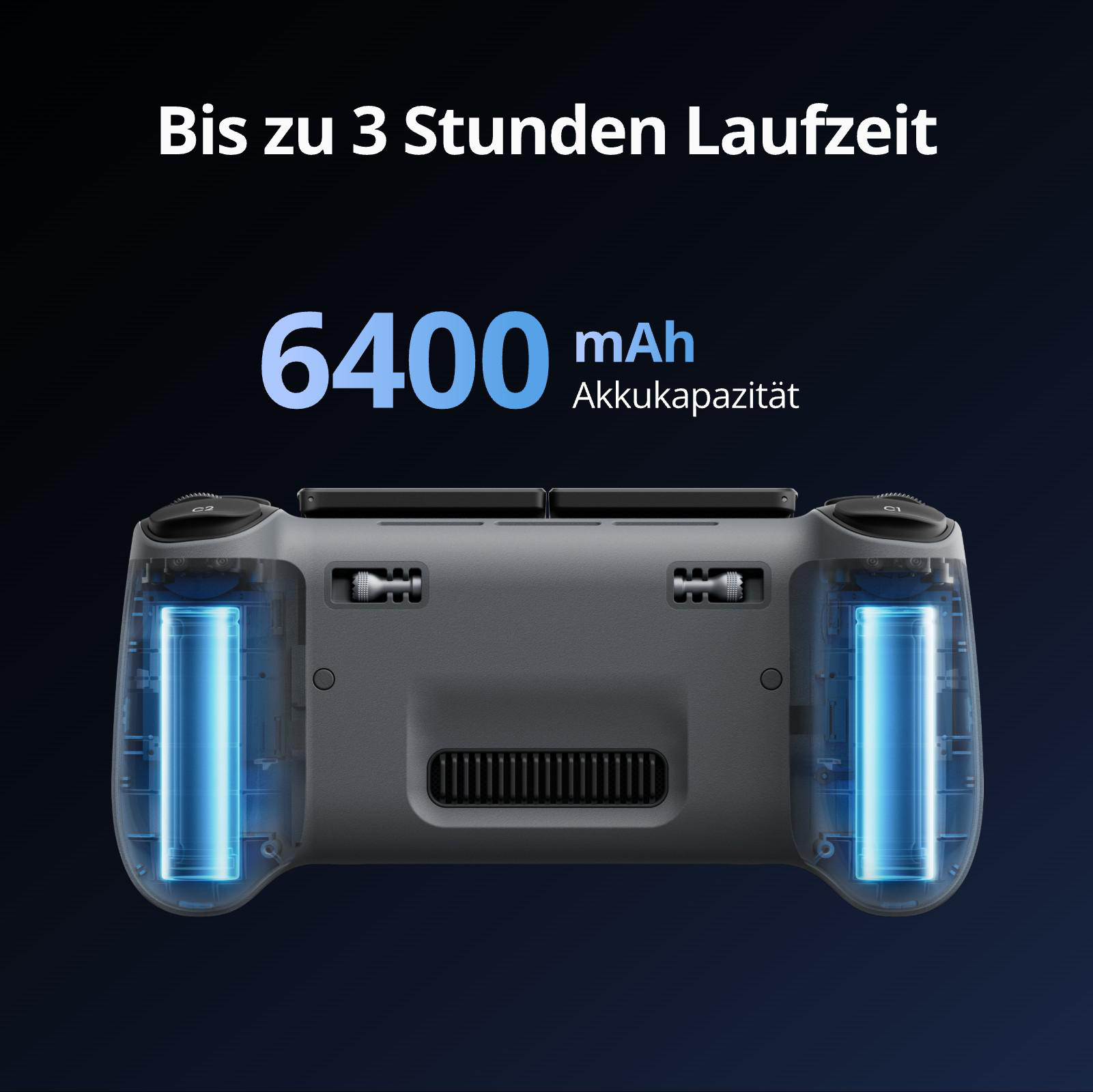 6400 mAh Akkukapazität, bis zu 3 Stunden Laufzeit. Grauer Controller mit sichtbaren Akkus.