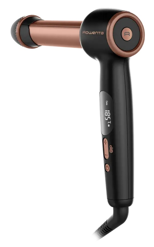 Czarna prostownica Rowenta z miedzianymi akcentami i cyfrowym wyświetlaczem temperatury.