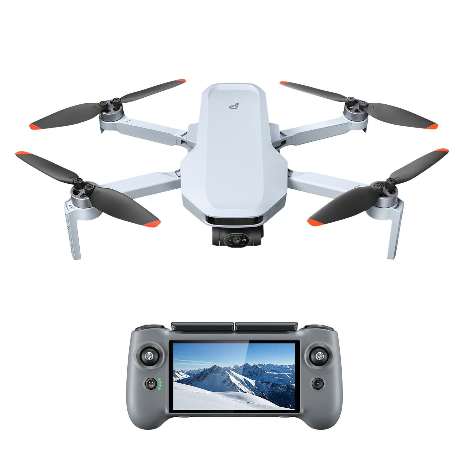 Ein weißer Quadrocopter mit schwarzen Propellern und orangen Spitzen, daneben eine Fernbedienung.