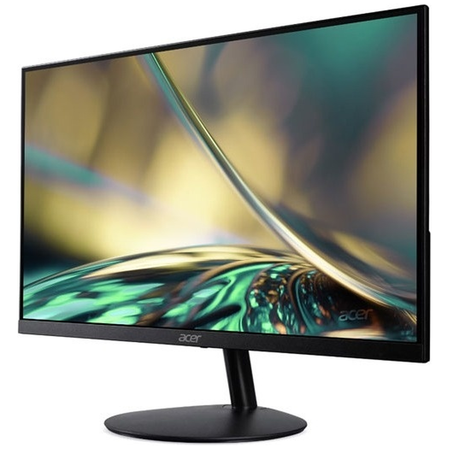 A black Acer monitor displaying an abstract, colorful background.