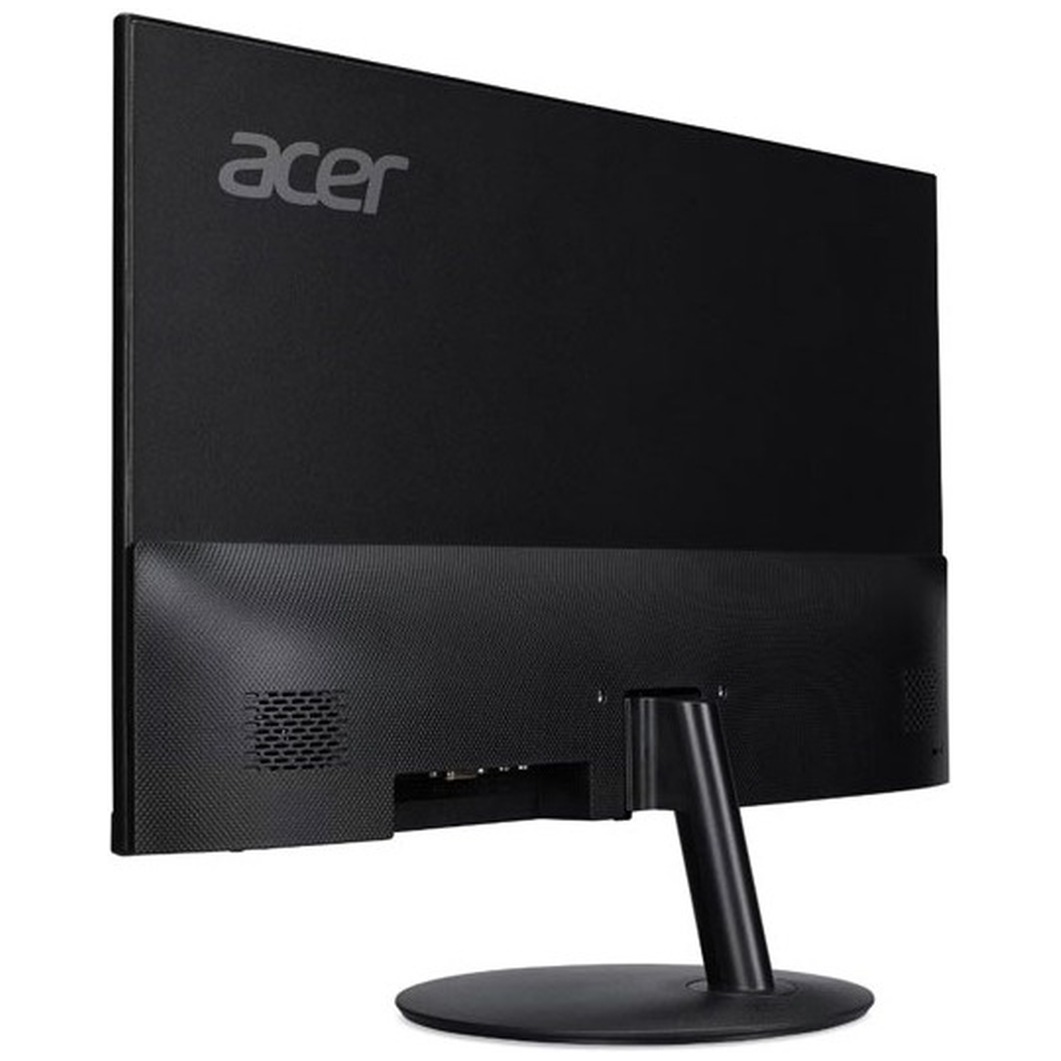 Rear view of a black Acer monitor on a stand, white background.