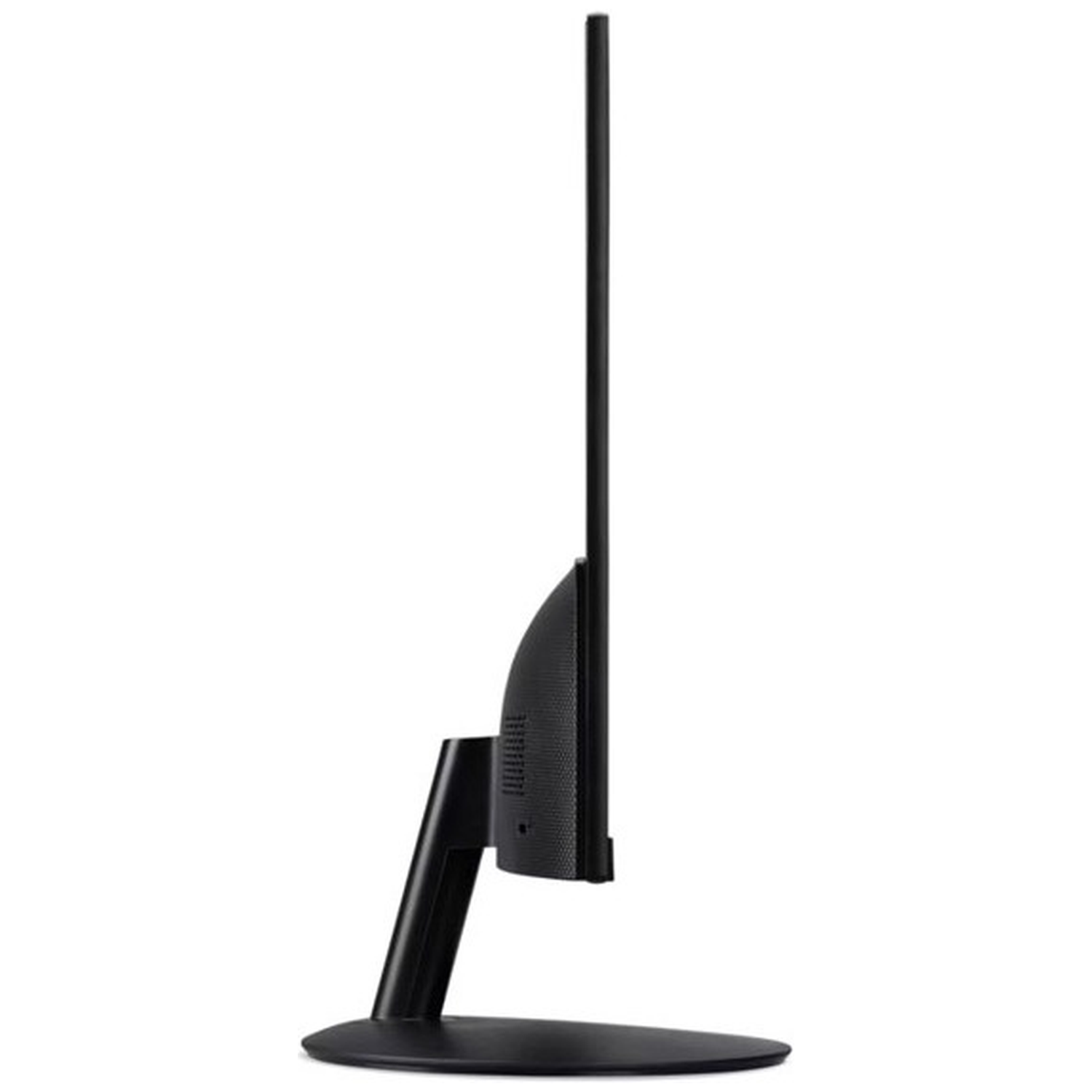 Side view of a black monitor with a thin bezel and stand.
