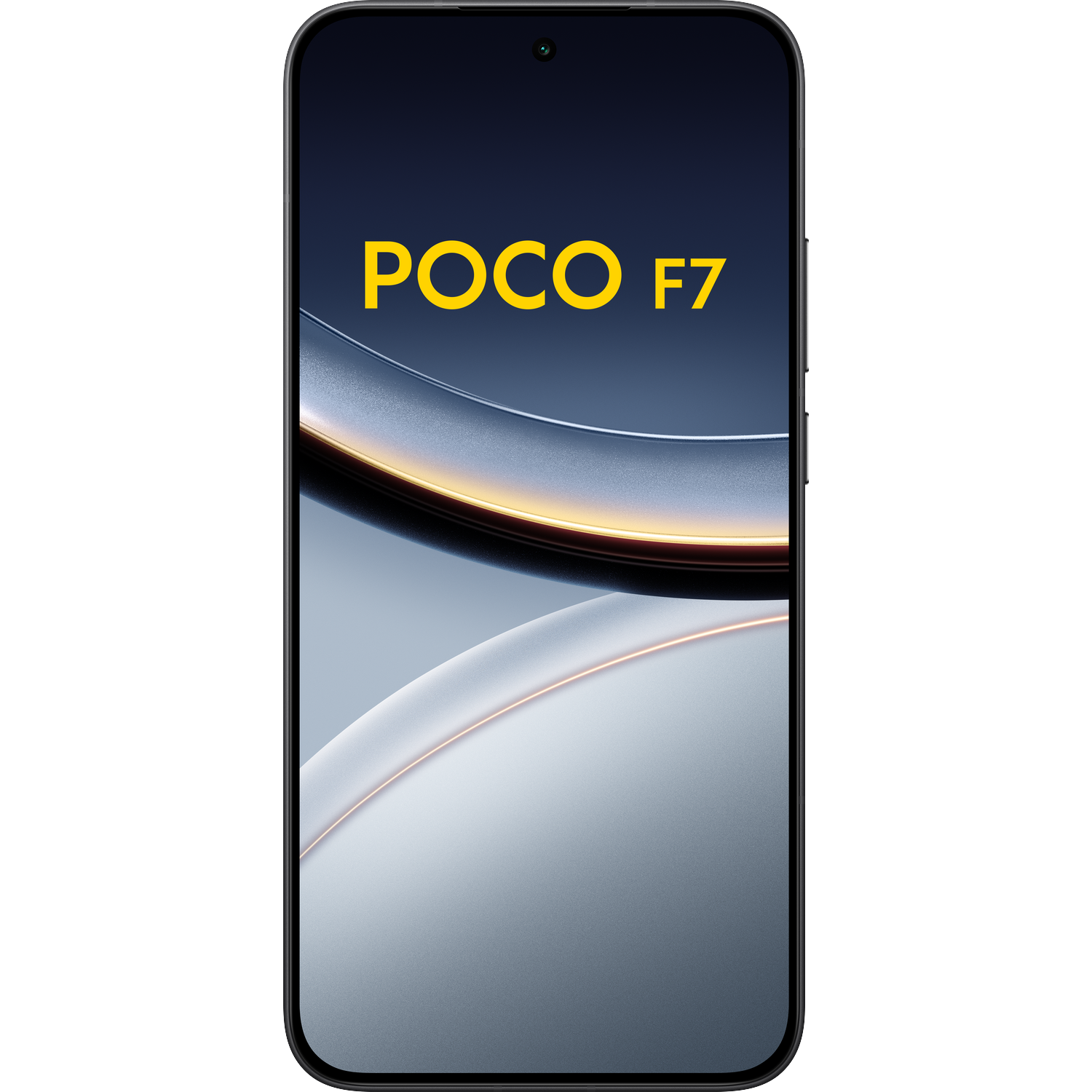 A smartphone displaying "POCO F7" on its screen against a black background.