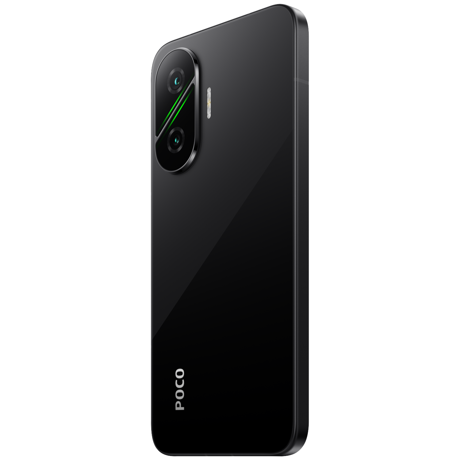Black smartphone with POCO logo and triple camera, shown from the side.