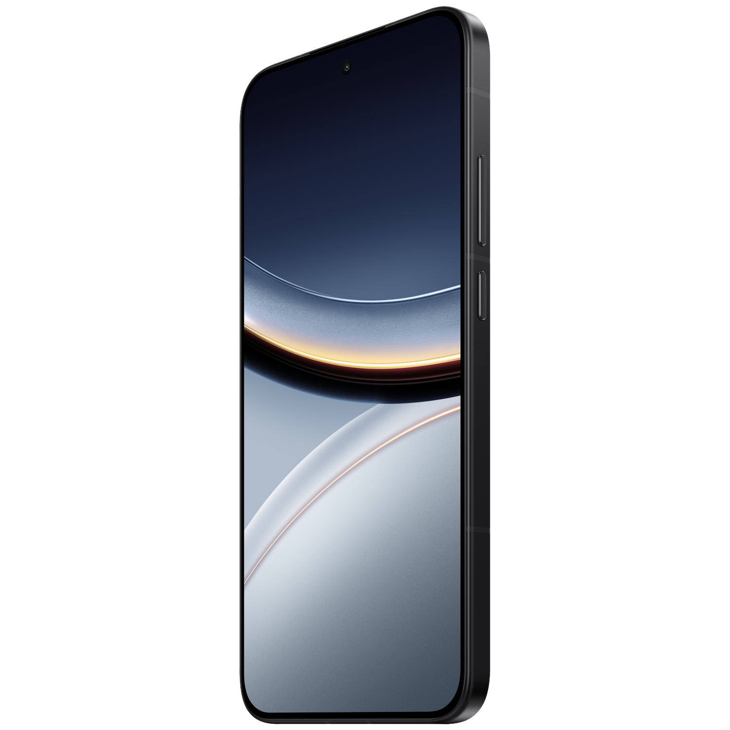 A black smartphone displaying a dark, abstract wallpaper on its screen.