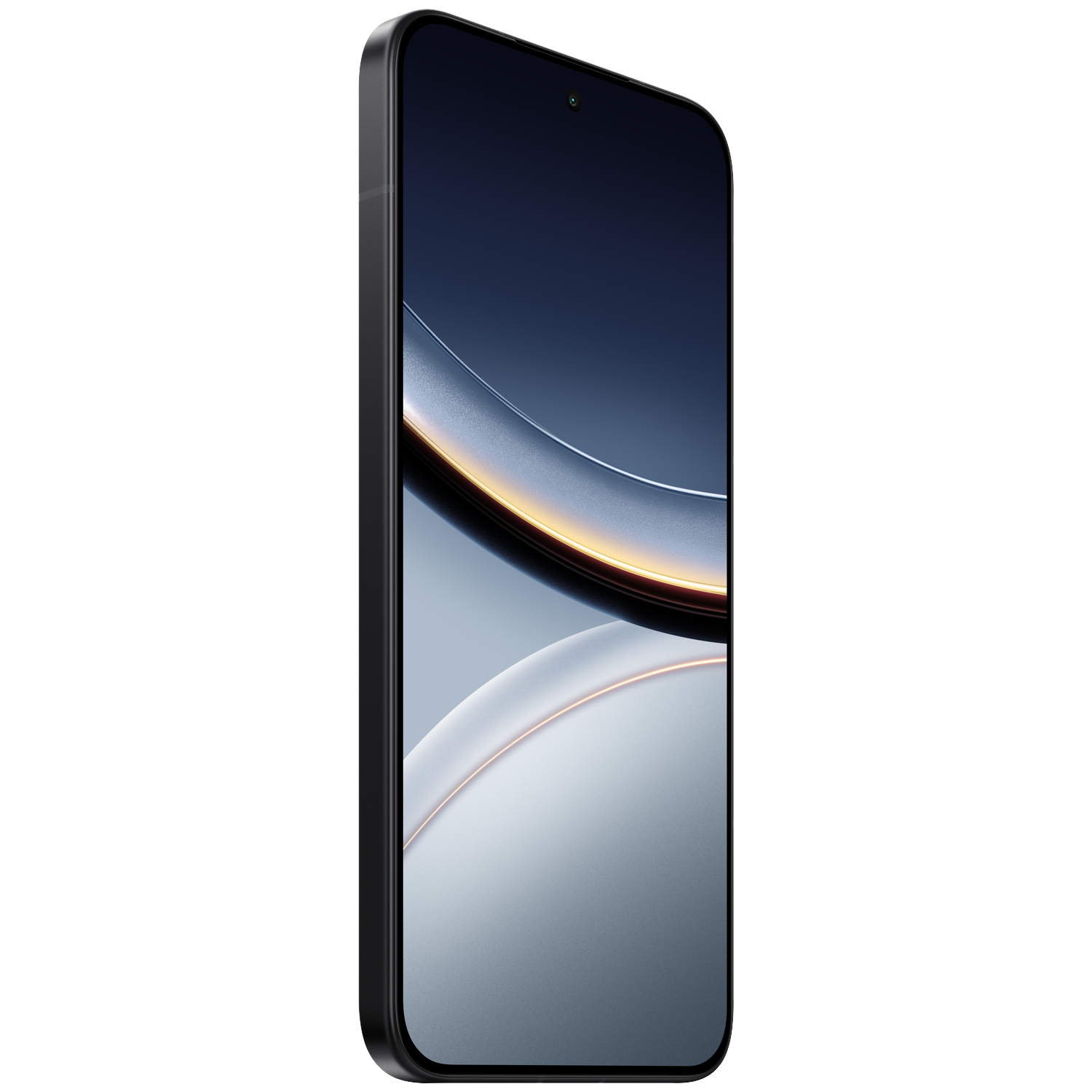 A black smartphone with an abstract background displayed on its screen.