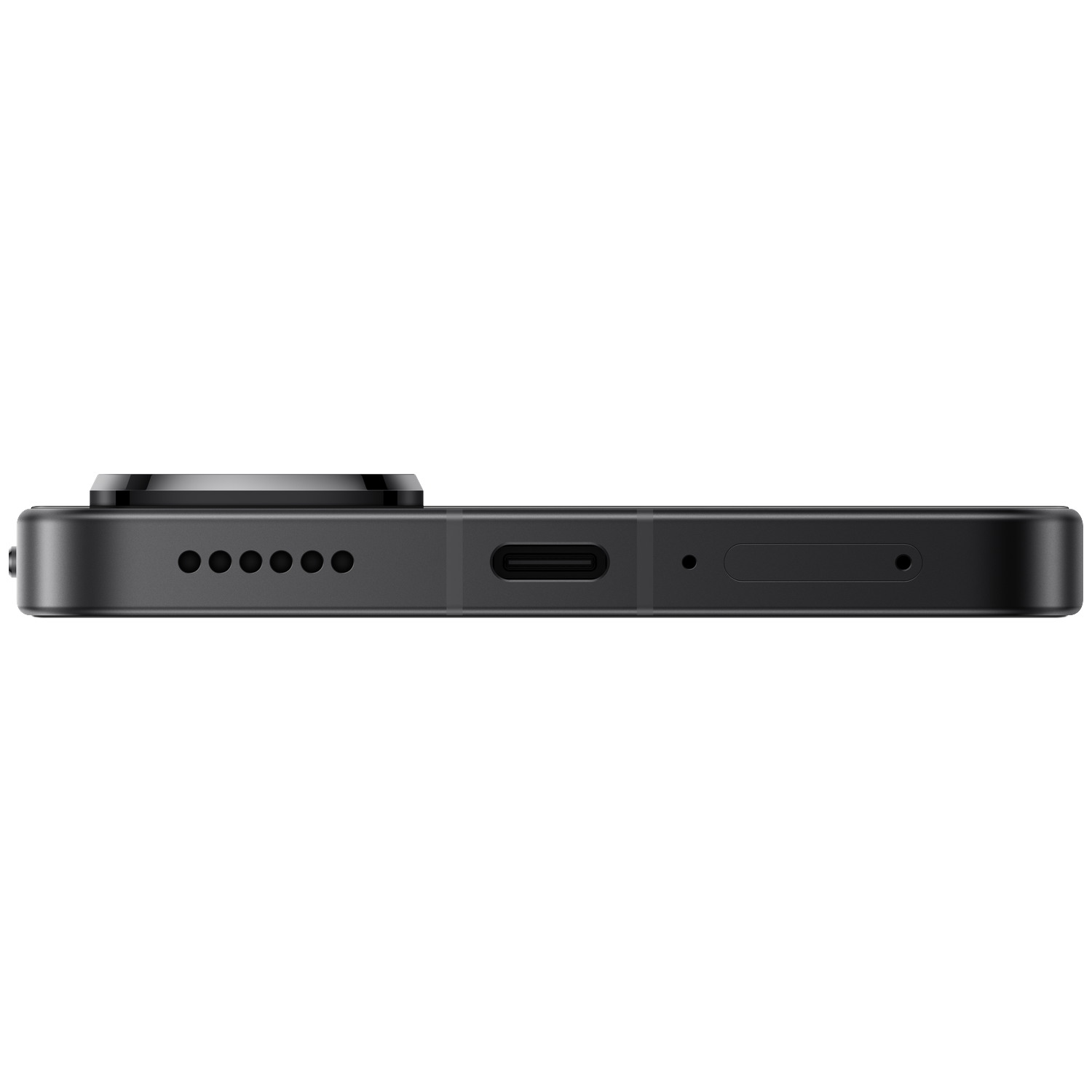 Top view of a black smartphone showing a USB-C port and speaker grill.