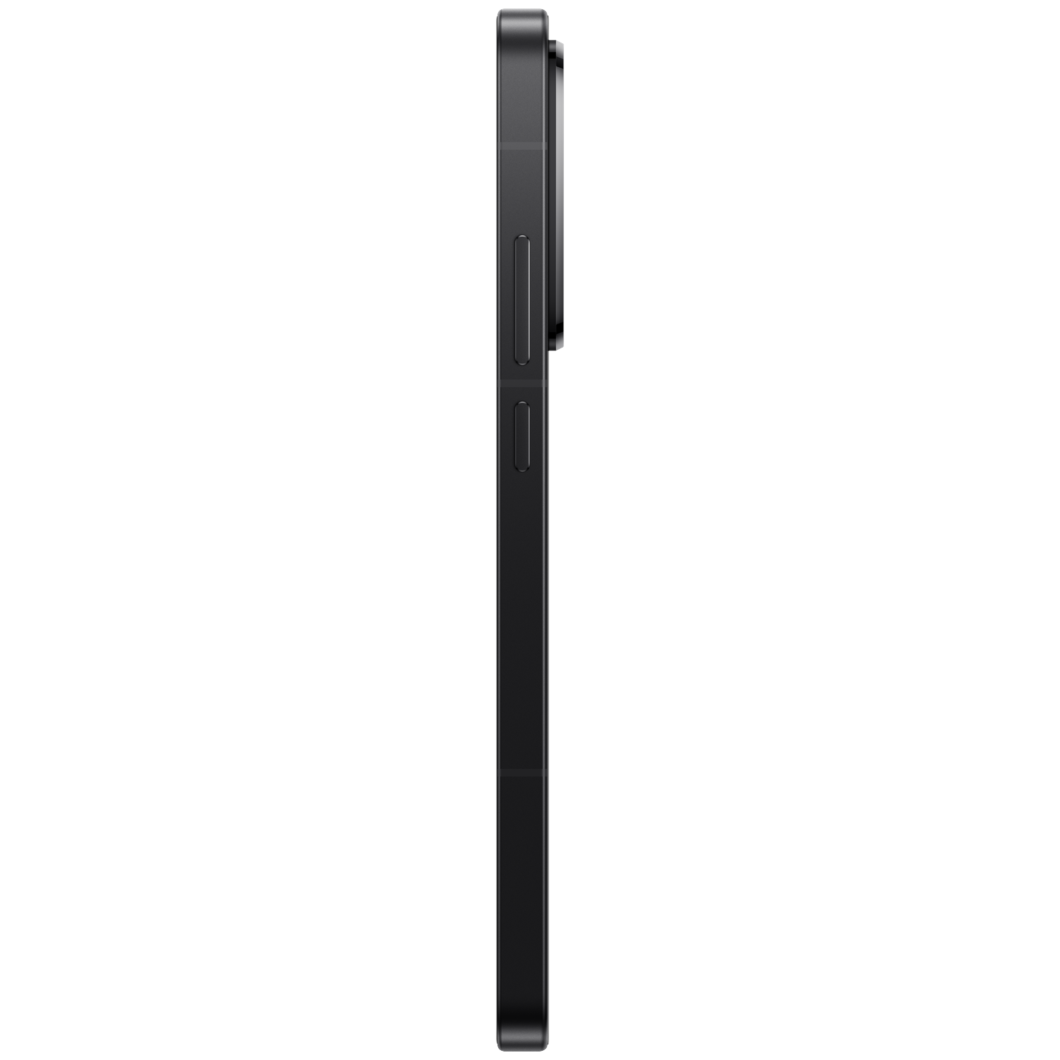 Black smartphone in profile with buttons on the side on a white background.