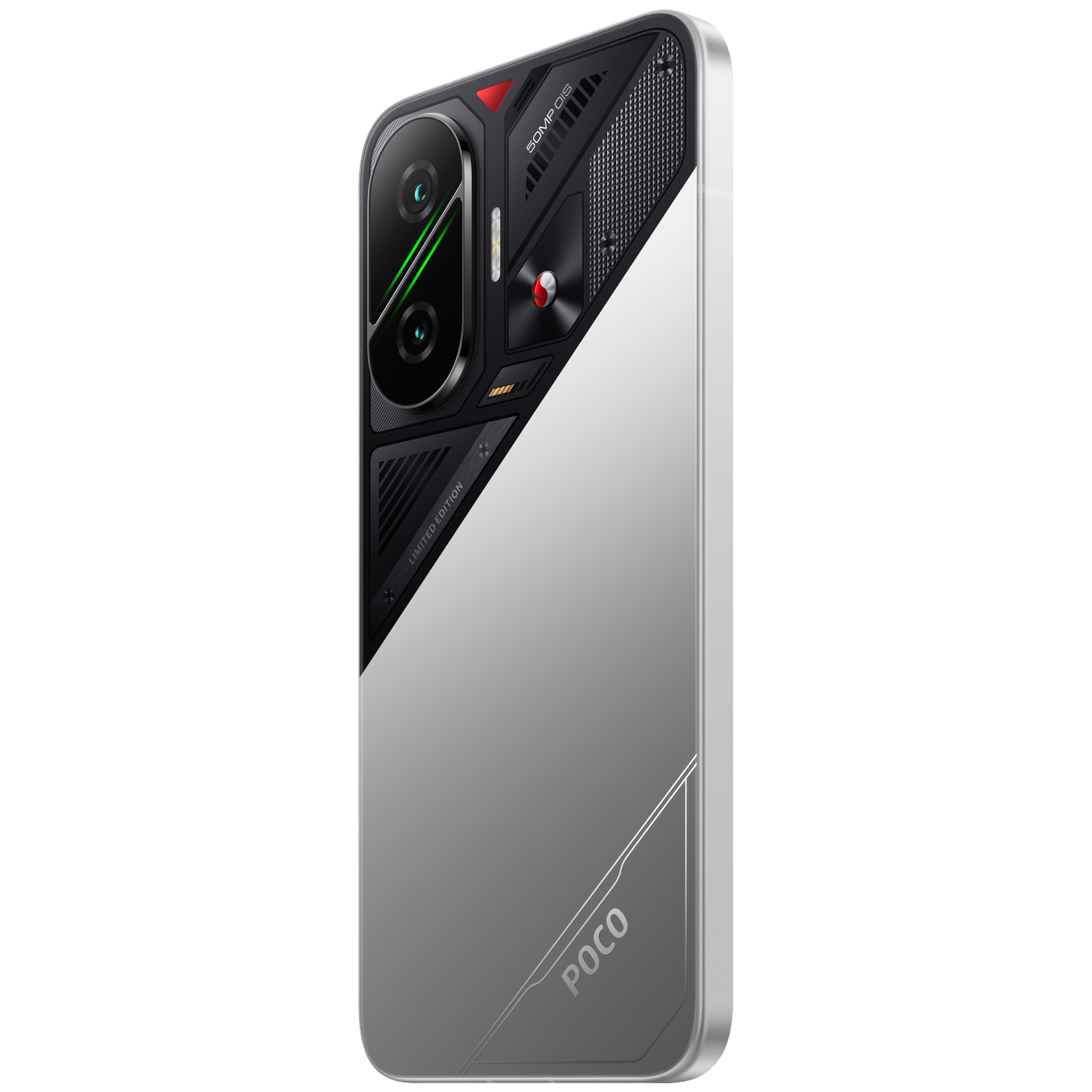 Een zilveren smartphone met een zwart en grijs patroon op de achterkant, cameramodule en POCO-logo.