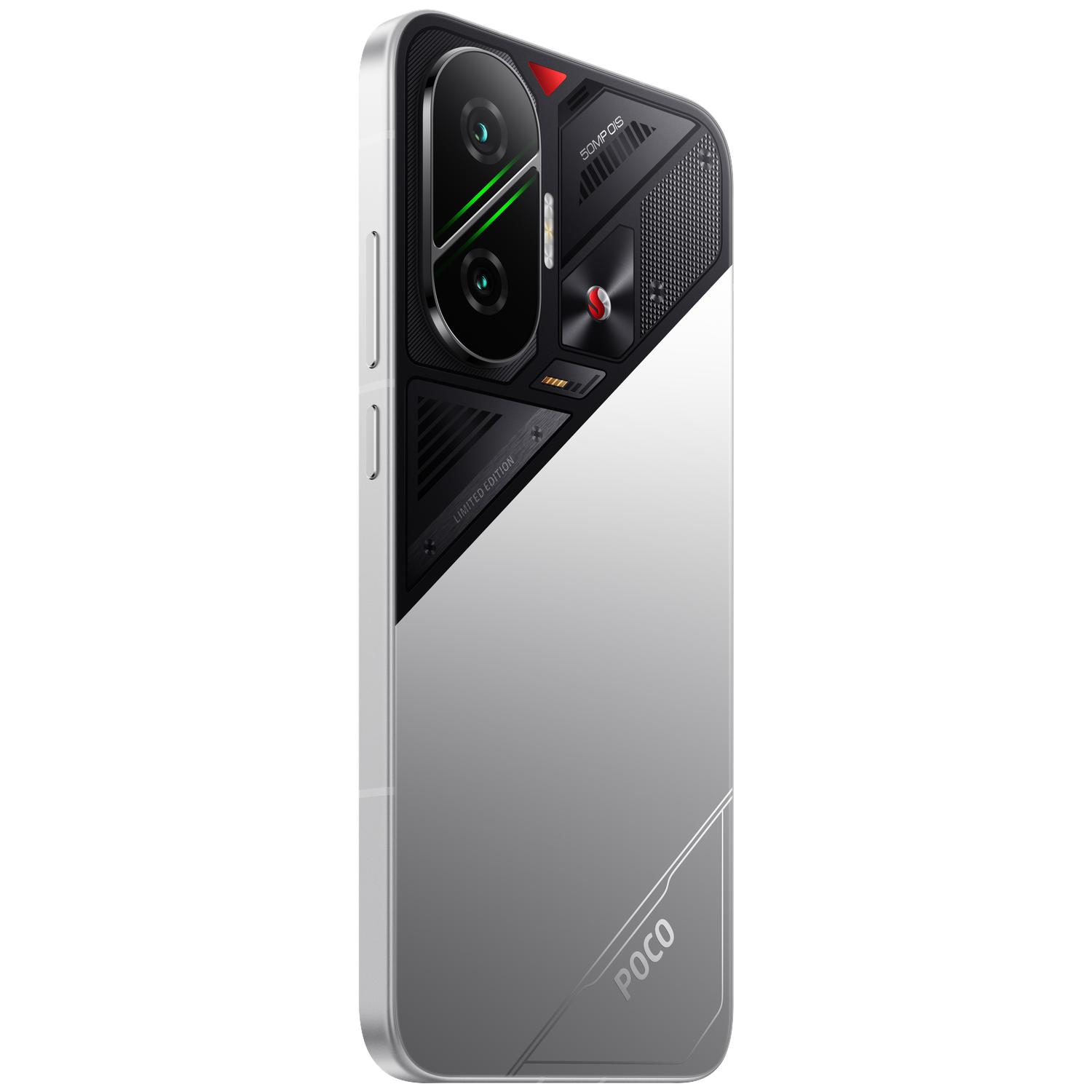Achterkant van een zilveren smartphone met zwarte cameramodule en rode accenten.