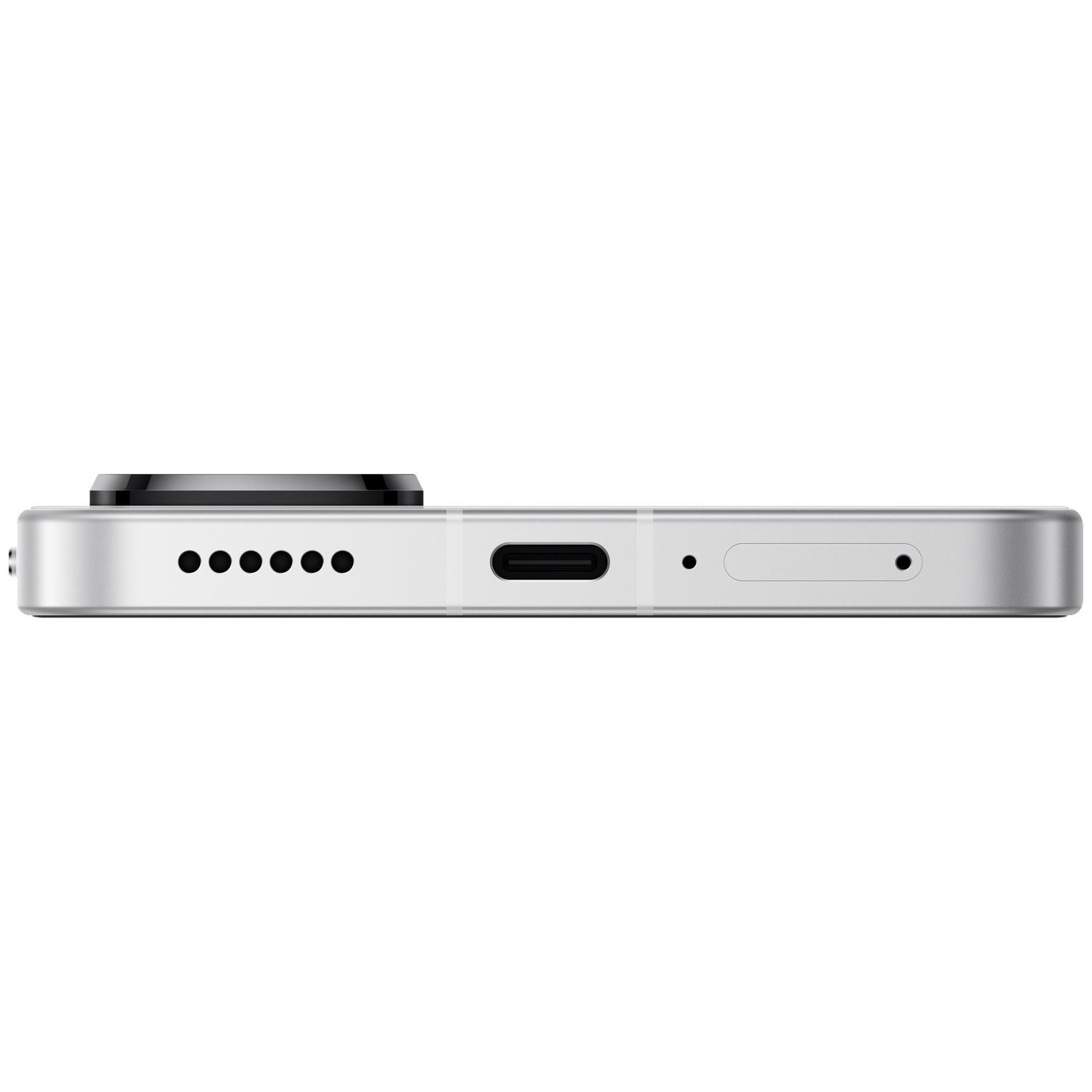 Close-up van de onderkant van een witte smartphone met oplaadpoort en luidspreker.