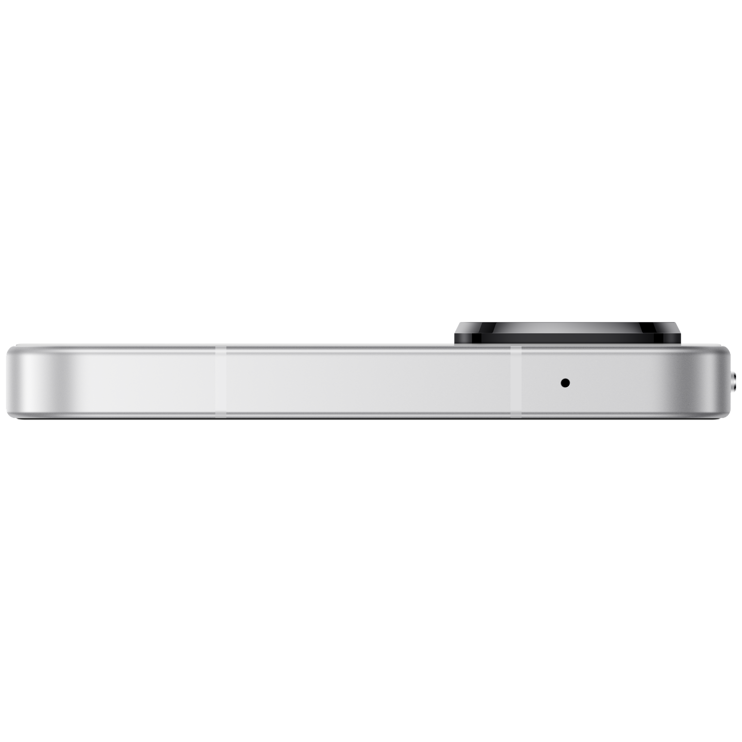 Zilveren smartphone in profiel met zwarte cameralens bovenaan.