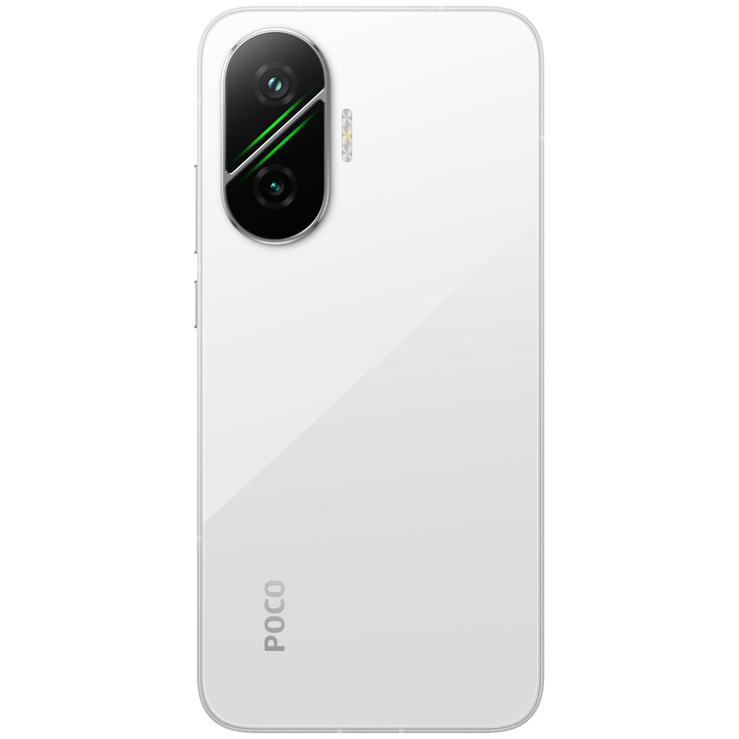 Een witte smartphone met een drievoudig camerasysteem aan de achterkant.