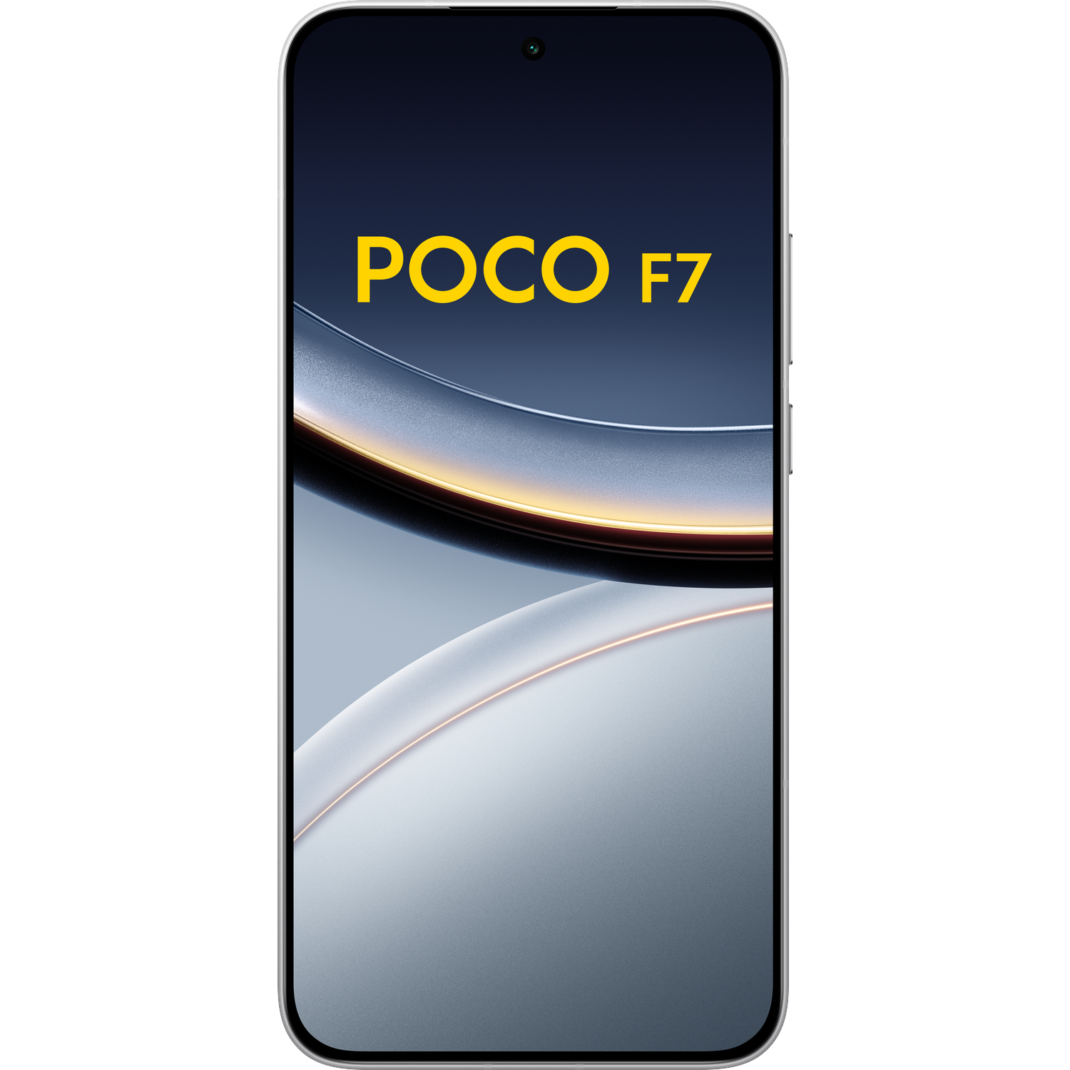 Een zilveren smartphone met de tekst POCO F7 op het scherm.