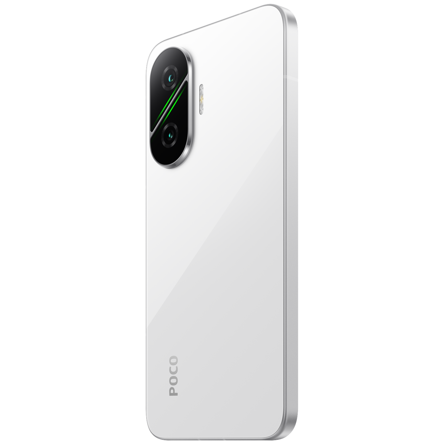 Een witte smartphone met zilveren frame, camera achteraan en POCO-logo.