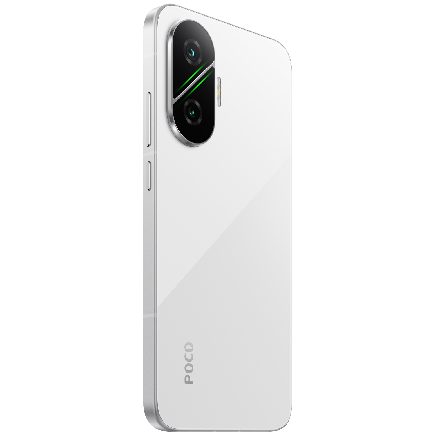 Een witte smartphone met zilveren frame en drievoudige camera.