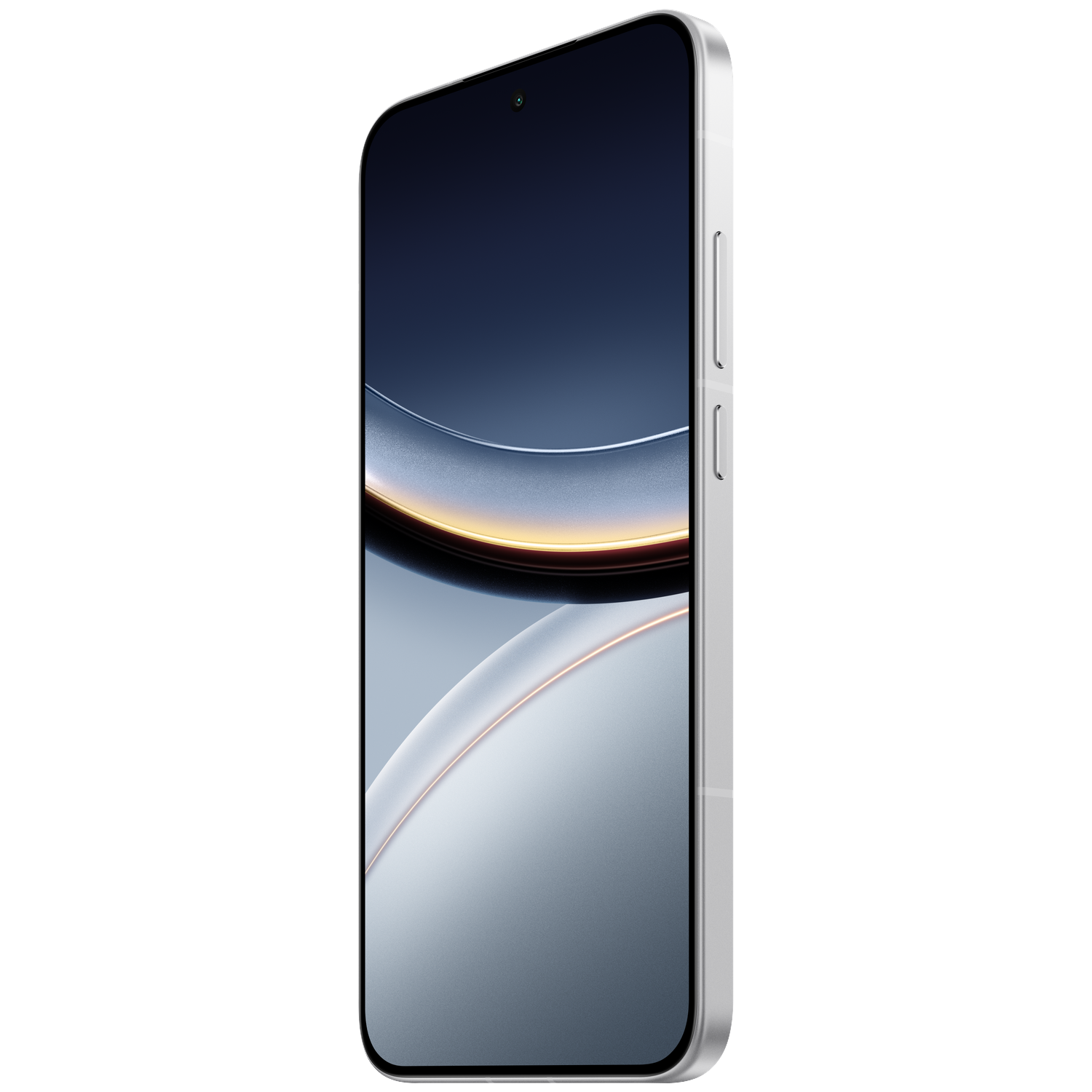 Zilveren smartphone met stijlvolle achtergrond en zijknopjes.